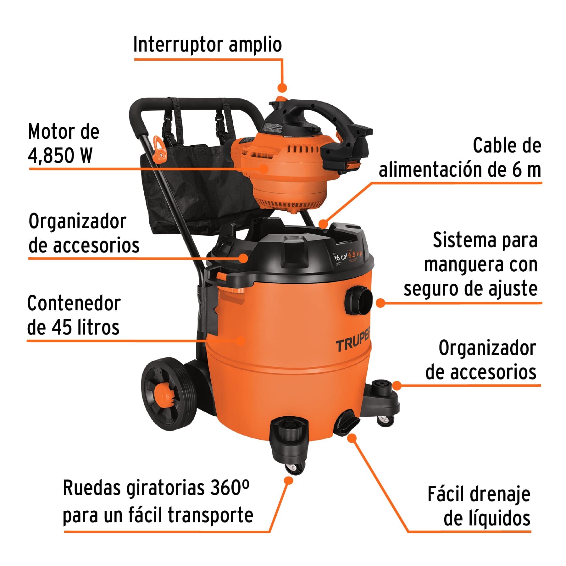 Aspiradora Sopladora Truper Naranja 16 Galones Plástica