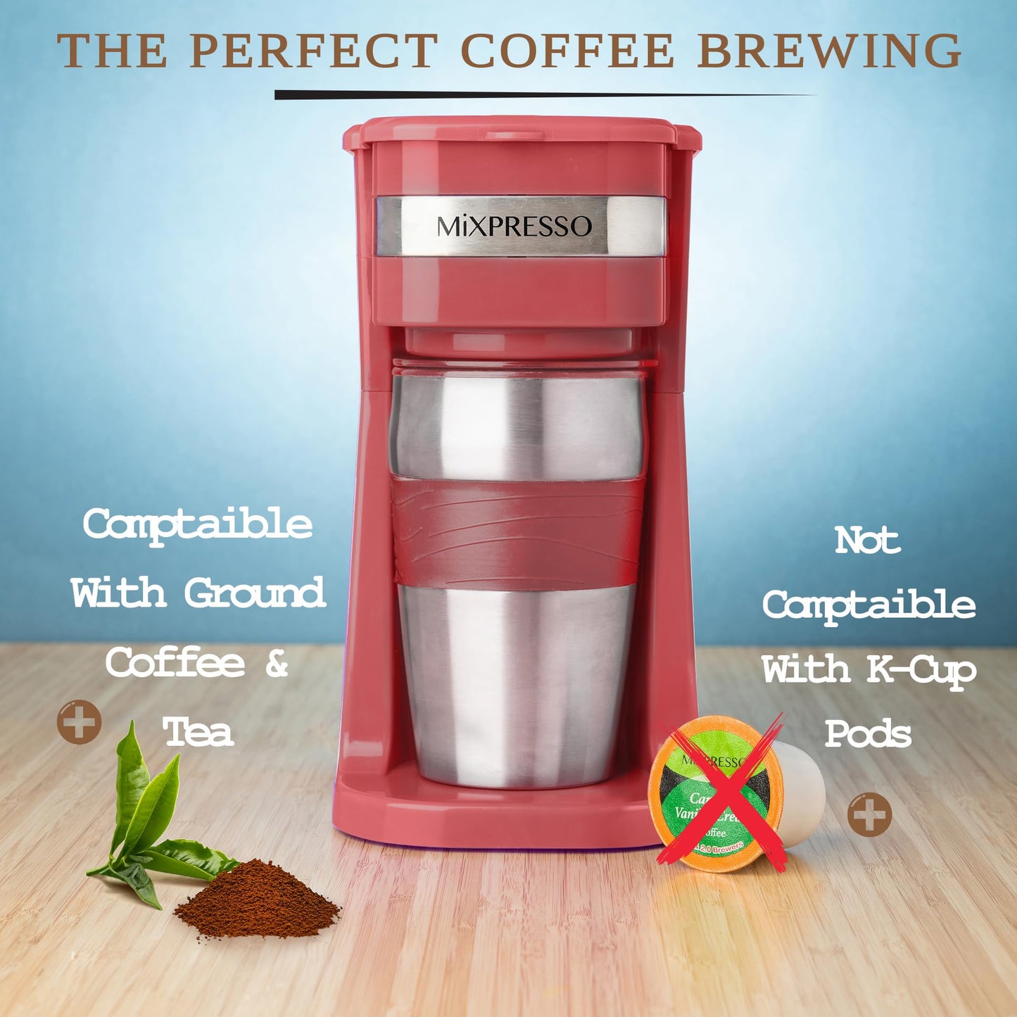 Mixpresso - Cafetera personal y taza de viaje de 14 onzas, cafetera pequeña y vaso de goteo, apagado automático y filtro reutilizable, cafetera roja compatible con posos de café