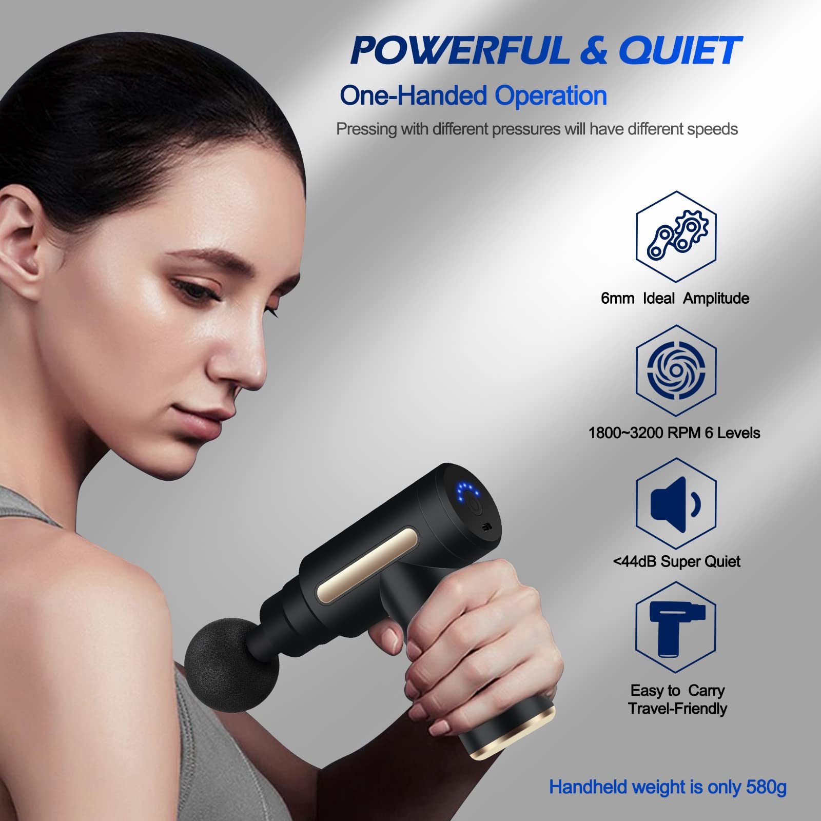 Pistola de Masaje Muscular, Uplayteck Masajeador Portatil Muscular Mini Masajeador de Tejido Profundo Ajustables Massage Gun Portátil 4 Cabezales de Masaje para Relajar Los Músculos Aliviar el Dolor (Negro)