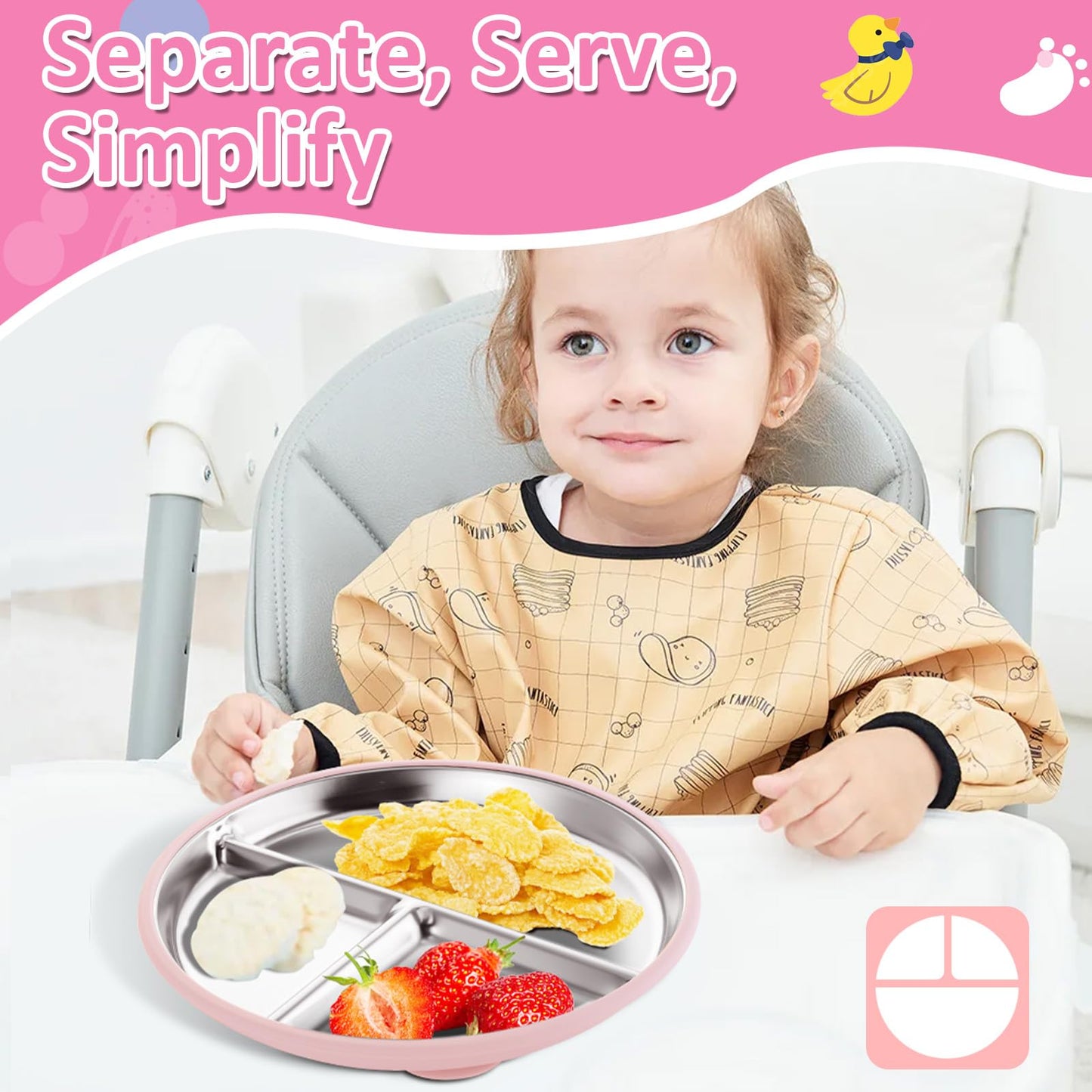 Bakpoco - Plato para bebé de acero inoxidable con succión, platos divididos de 9 pulgadas con mangas de silicona extraíbles para niños, no tóxico, antideslizante, irrompible, apto para lavaplatos,