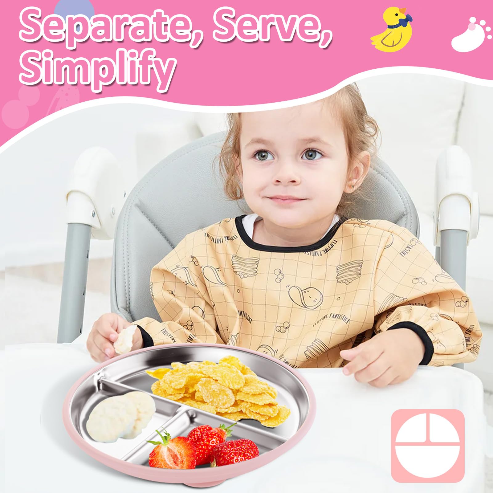 Bakpoco - Plato para bebé de acero inoxidable con succión, platos divididos de 9 pulgadas con mangas de silicona extraíbles para niños, no tóxico, antideslizante, irrompible, apto para lavaplatos,
