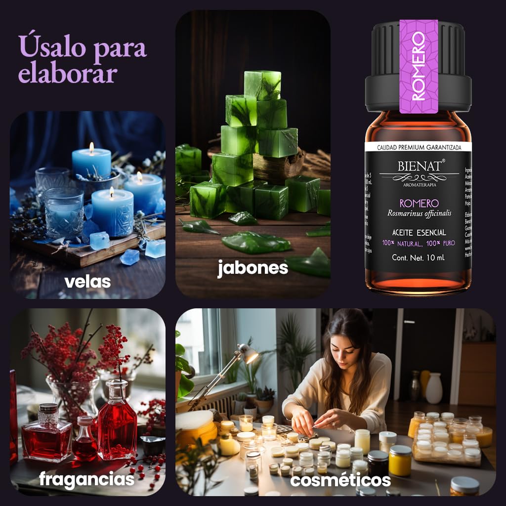 BIENAT AROMATERAPIA Aceite Esencial de Romero 10mL | 100% Puro y Concentrado | Ideal para Difusor de Aromas, Humidificador, Aromaterapia, Masajes, Meditación, Jabones y Velas | Esencia Natural en Gotas