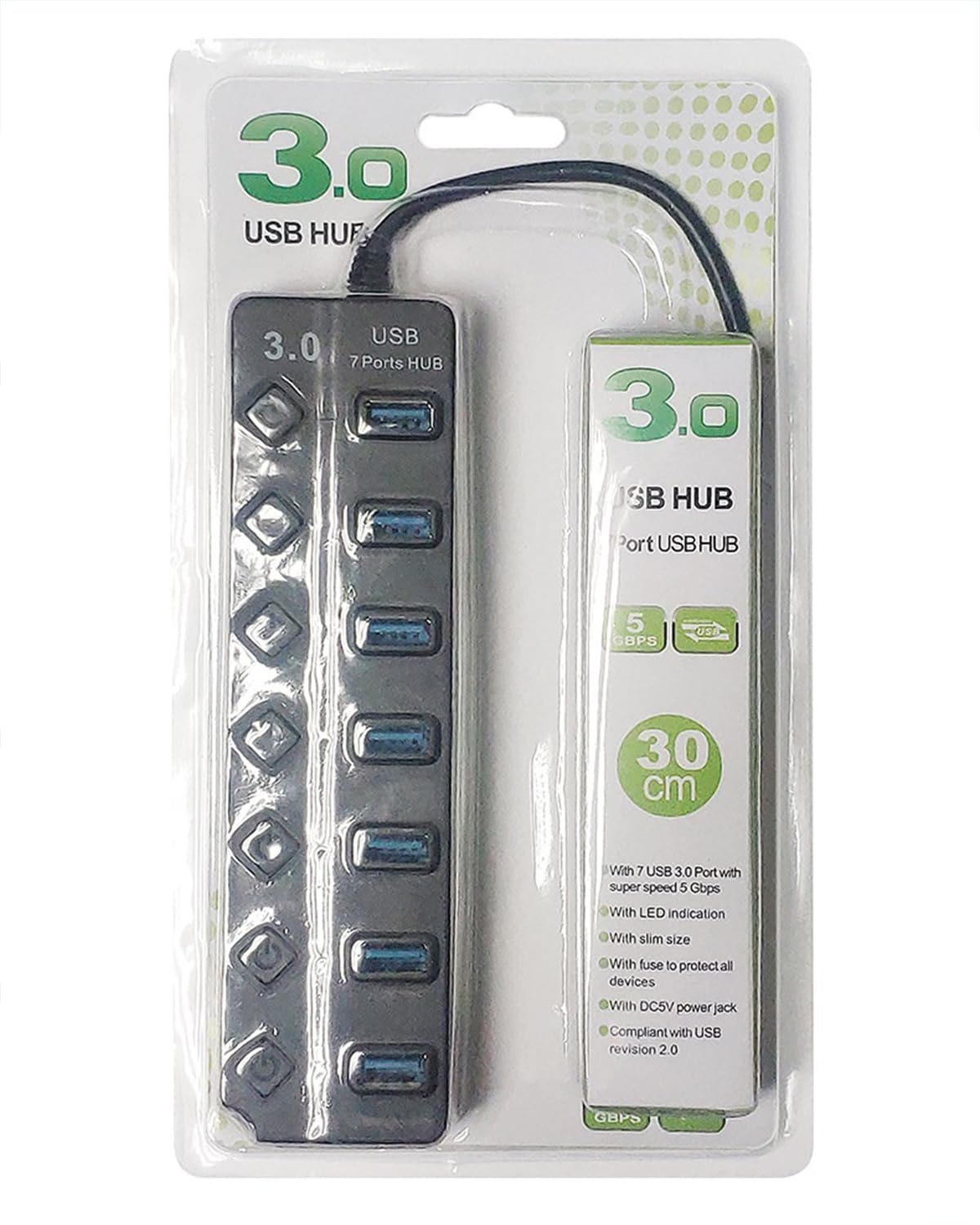Hub USB 3.0, Multicontacto USB Splitter de 7 Puertos Independientes con LED e Interruptores, Conector Múltiple USB 3.0 5Gbps Adaptador de Aluminio 12V/2A para PC, Portátil, MacBook Pro/Air y Más