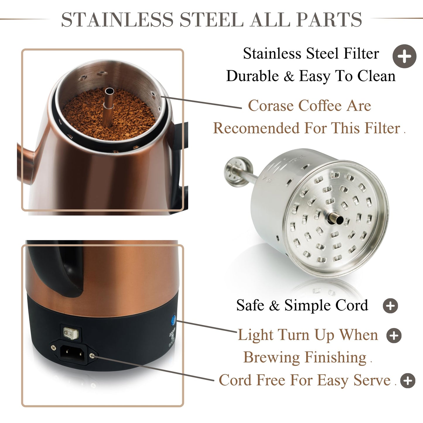 Cafetera eléctrica Moss & Stone de acero inoxidable para 10 tazas, cafetera eléctrica con función de mantener caliente, cafetera eléctrica de acero inoxidable para 10 tazas con cesta para café