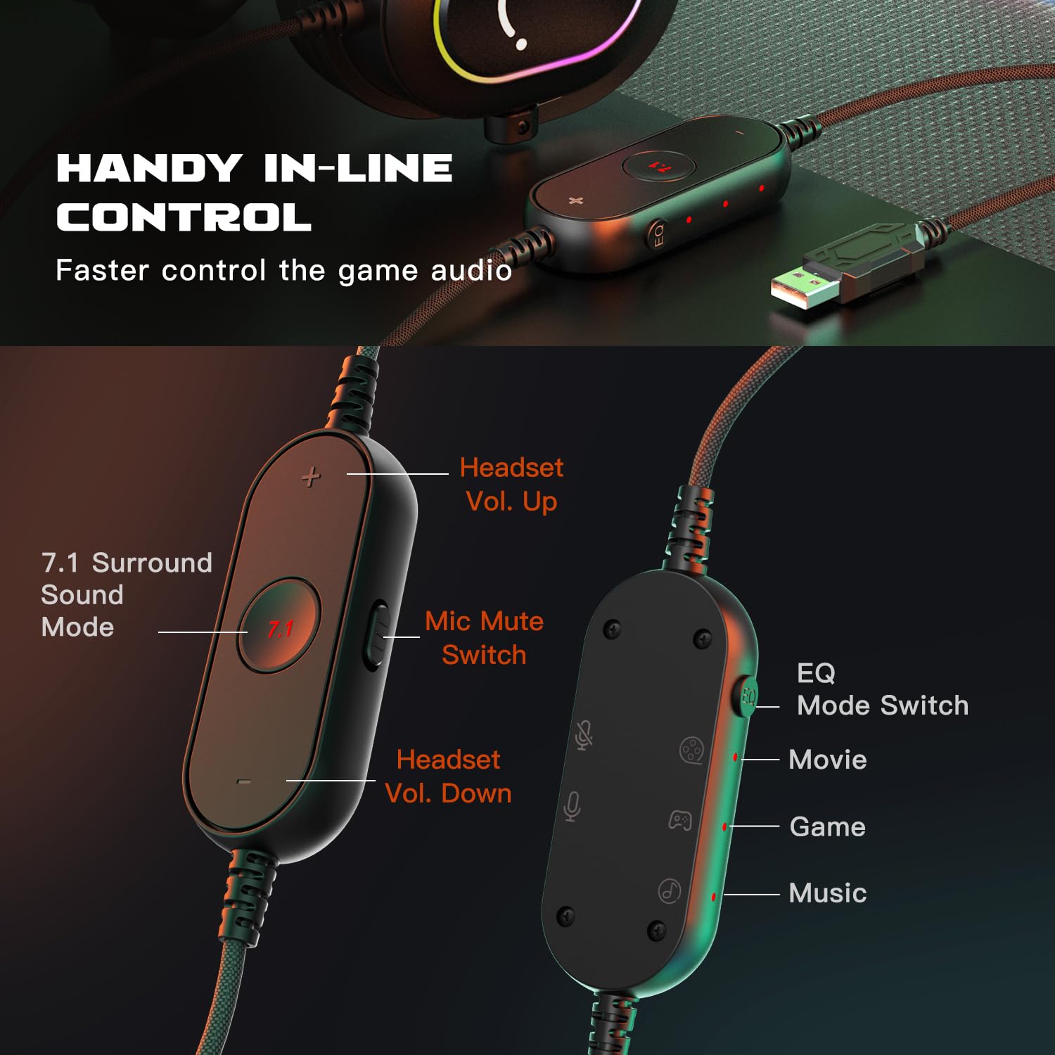 Fifine Gaming Headset for PC-Wired Headphones with Microphone-7.1 Surround Sound Computer USB Headset for Laptop, Streaming Headphones Compatible con PS4/PS5, with EQ Mode, RGB, Soft Ear Pads-H6