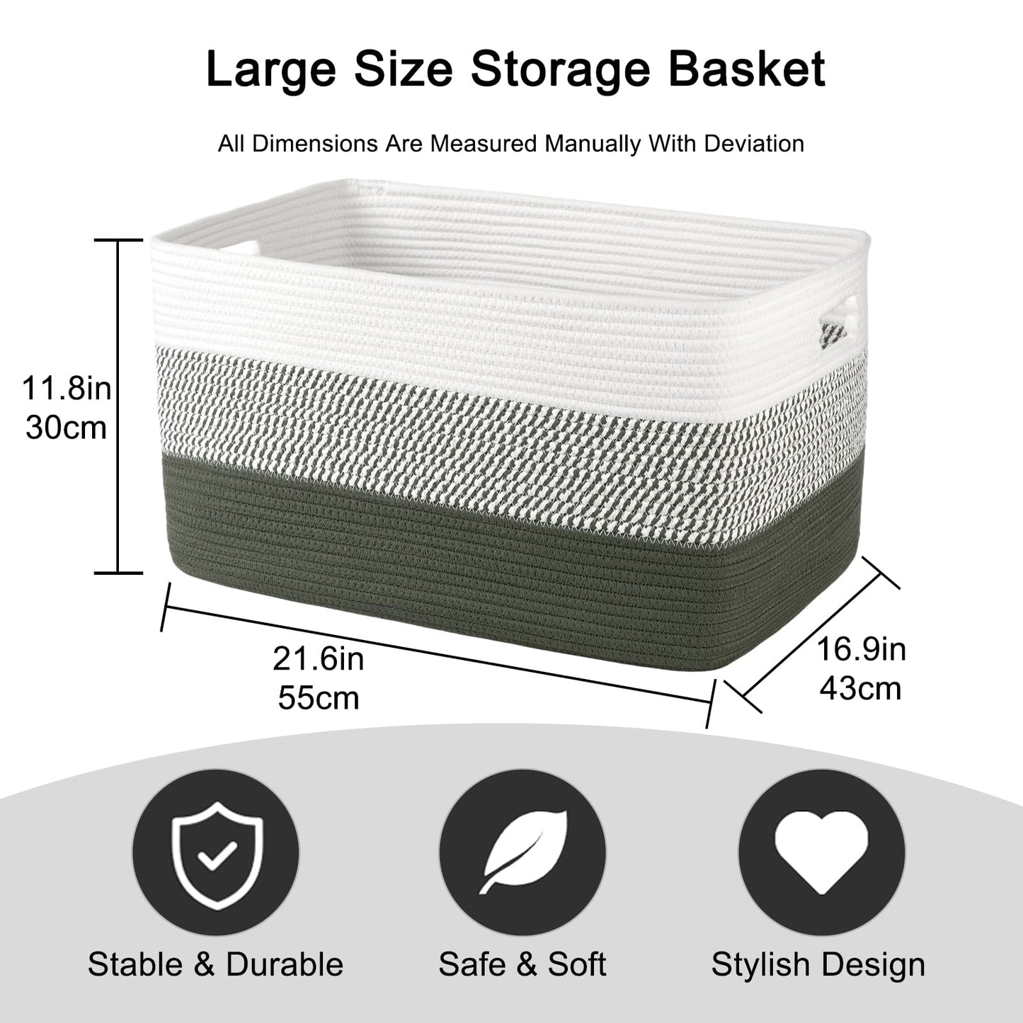 OIAHOMY - Cesta de manta grande, 22 x 17 x 12 pulgadas, cestas tejidas rectangulares para guardería, sala de estar, almacenamiento de juguetes con asa, cestas grandes para organizar, verde/blanco