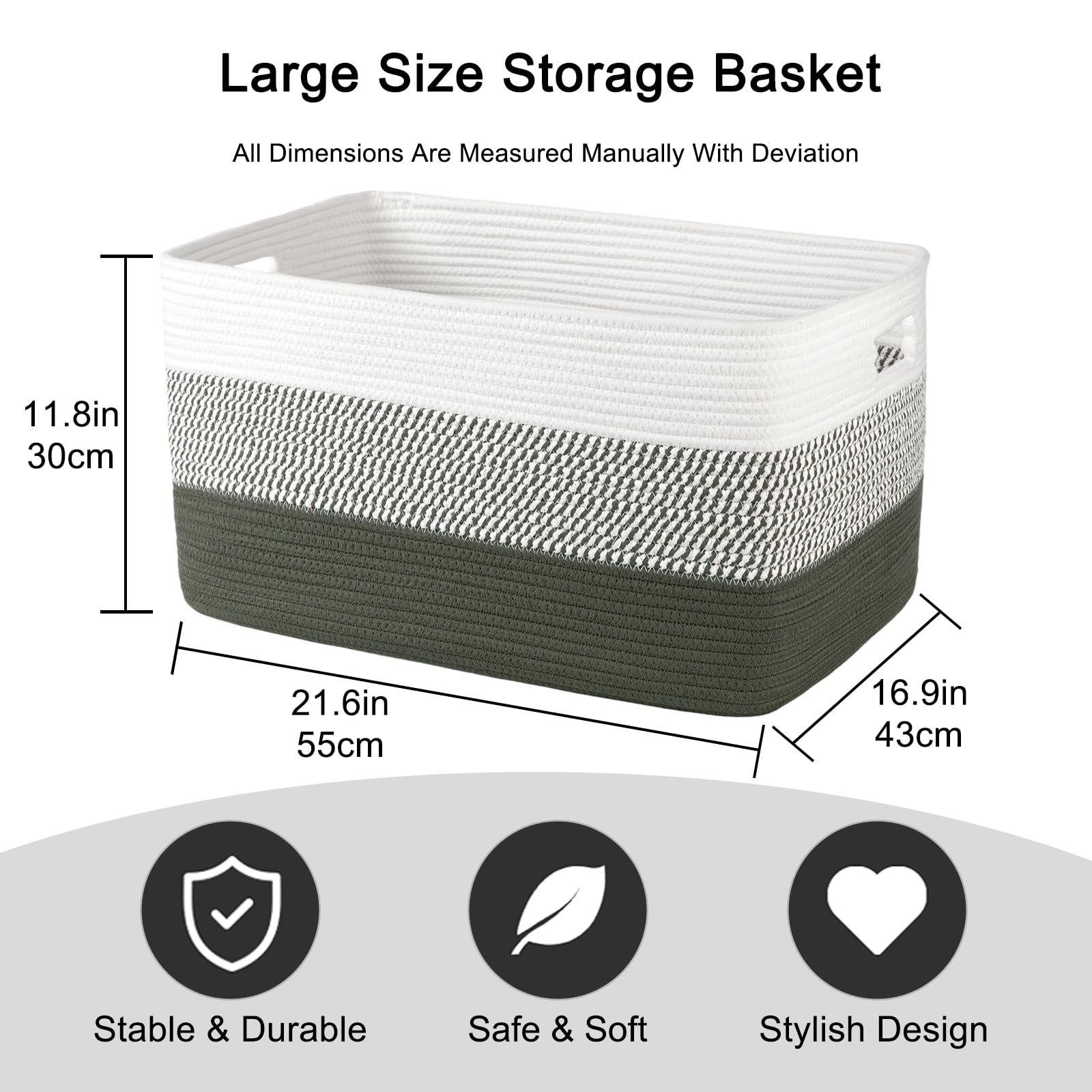 OIAHOMY - Cesta de manta grande, 22 x 17 x 12 pulgadas, cestas tejidas rectangulares para guardería, sala de estar, almacenamiento de juguetes con asa, cestas grandes para organizar, verde/blanco