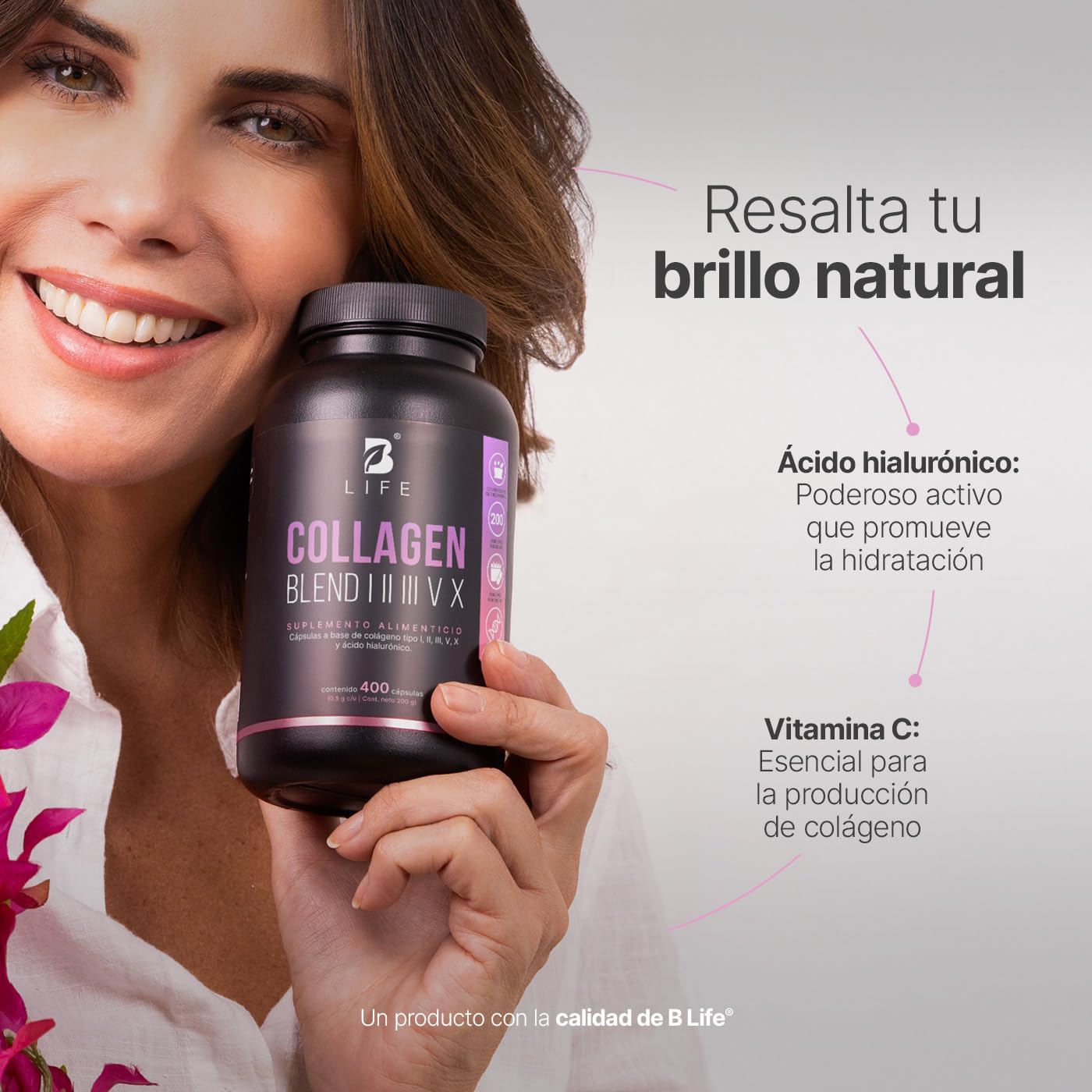 B Life Colágeno Hidrolizado Tipo I, II, III, V y X | 400 cápsulas | Con Vitamina C y Ácido Hialurónico | 1000 mg por porción | Ingredientes Naturales | Collagen Blend I, II, III, V X
