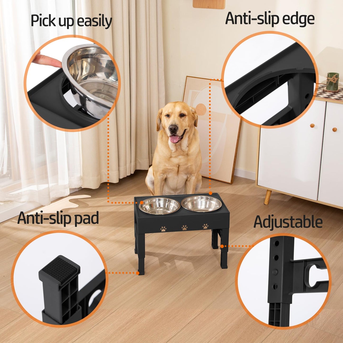 LAKIPETN Cuencos elevados para perros, 5 cuencos elevados de altura ajustable con 2 cuencos de acero inoxidable para comida para perros, antideslizante, sin derrames, se ajusta a 3.1 pulgadas, 9 pulgadas, 10 pulgadas, 11 pulgadas, 12 pulgadas para perros