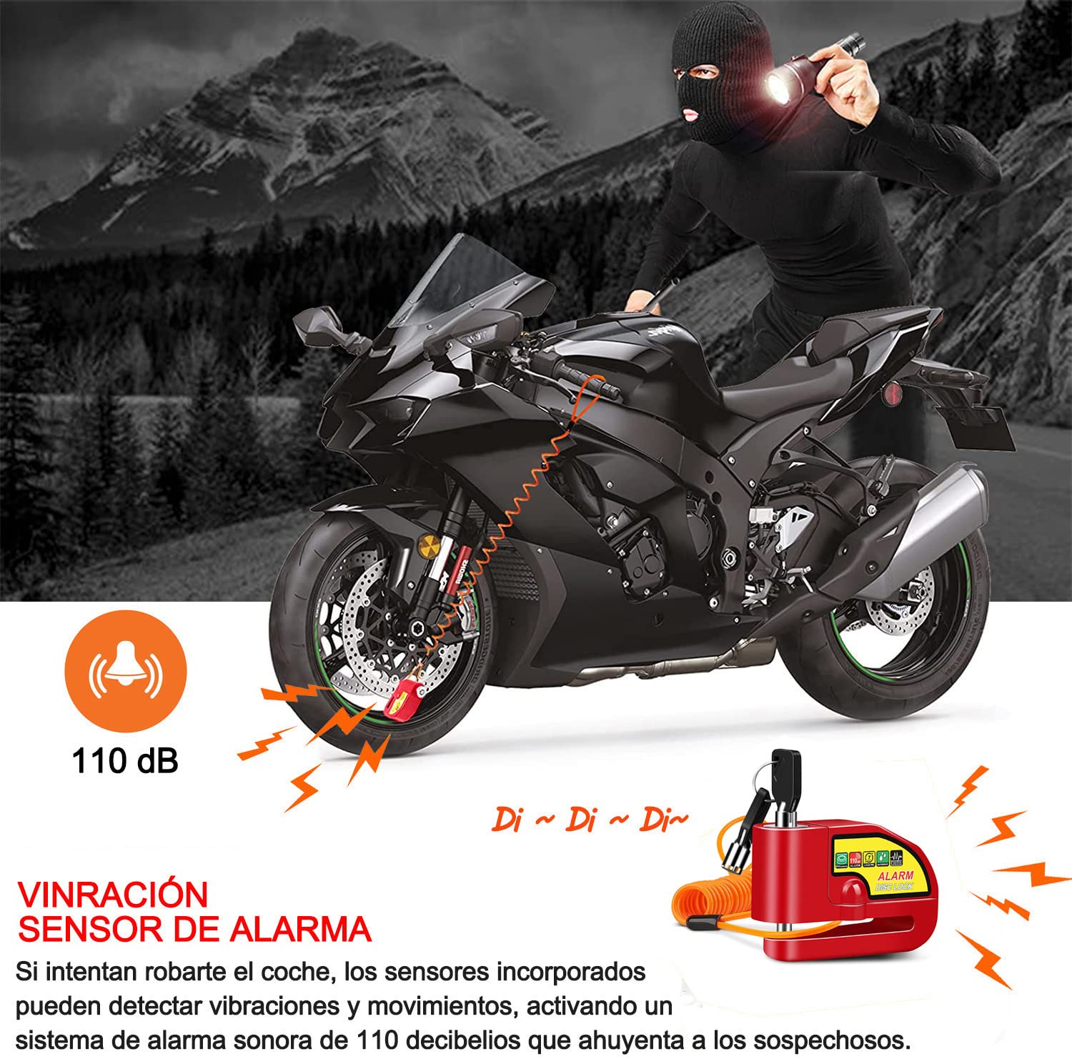 Alarma de Freno de Disco Impermeable de Seguridad para Motocicleta Scooter Rojo con Sonido de 110dB y Cable de Alerta de 4,3 Pies