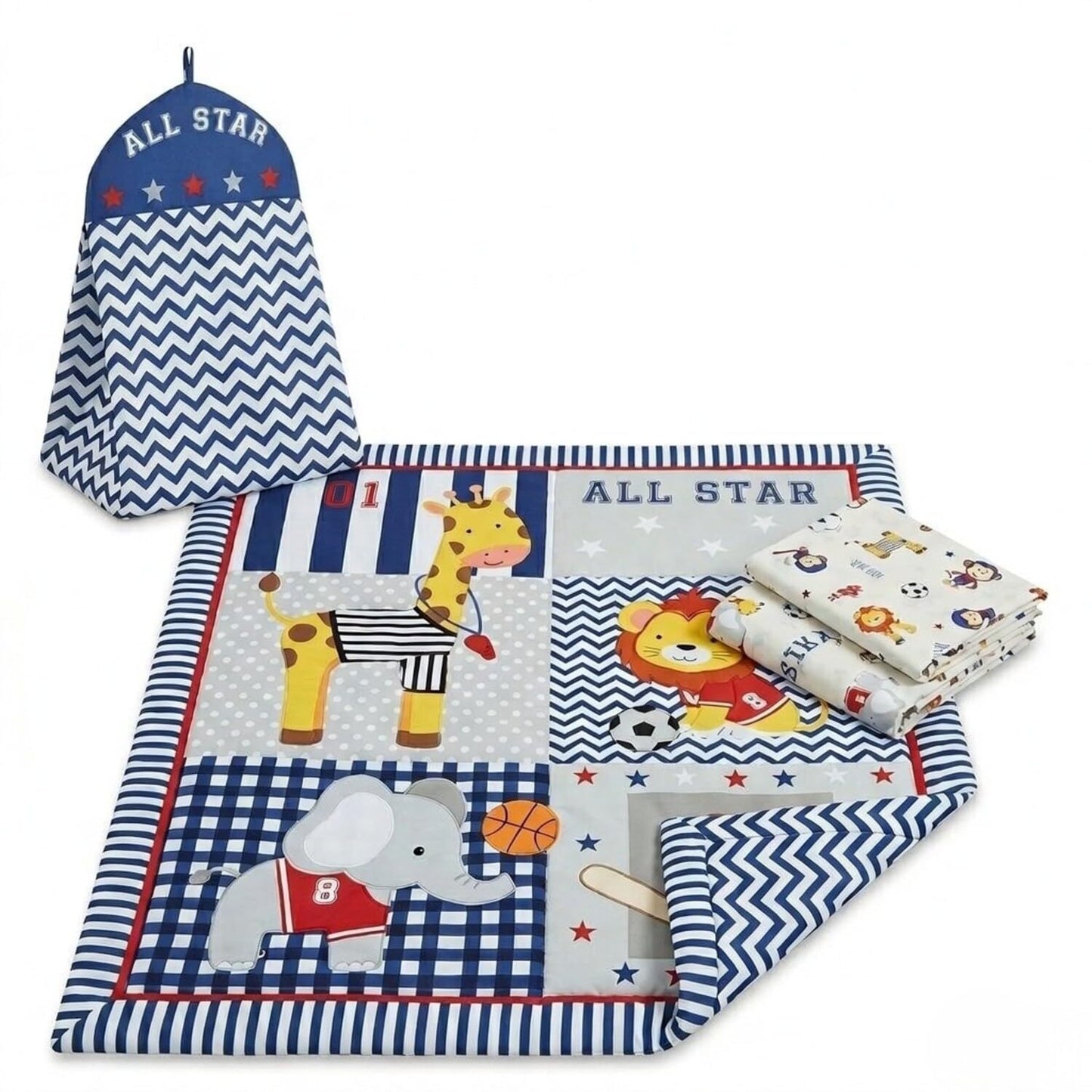 EVERYDAY KIDS - Juego de ropa de cama para cuna de 4 piezas para niños, diseño de selva, suave percal 100% algodón, incluye edredón, sábana bajera, volantes y apilador de pañales, juego de ropa de