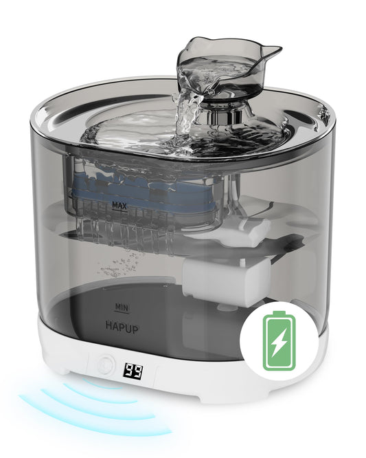 HAPUP Fuente para Gatos sin Cable 2,2L Bebedero Gatos Automatico Fuente de Agua para Gatos con Sensor de Movimiento Pilas de 5000 mAh Bomba Silenciosa y Filtro Fuente Gatos