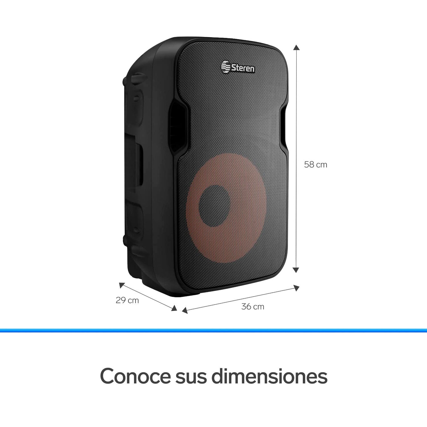 STEREN BAF-1555BT Bafle 15" 3000 W PMPO Bluetooth woofer y Tweeter, MP3 por microSD o USB, Entrada AUX RCA, 6,3 mm para Mic, Crossover, Salida Speakon, Ruedas y agarraderas, Orificio para Pedestal