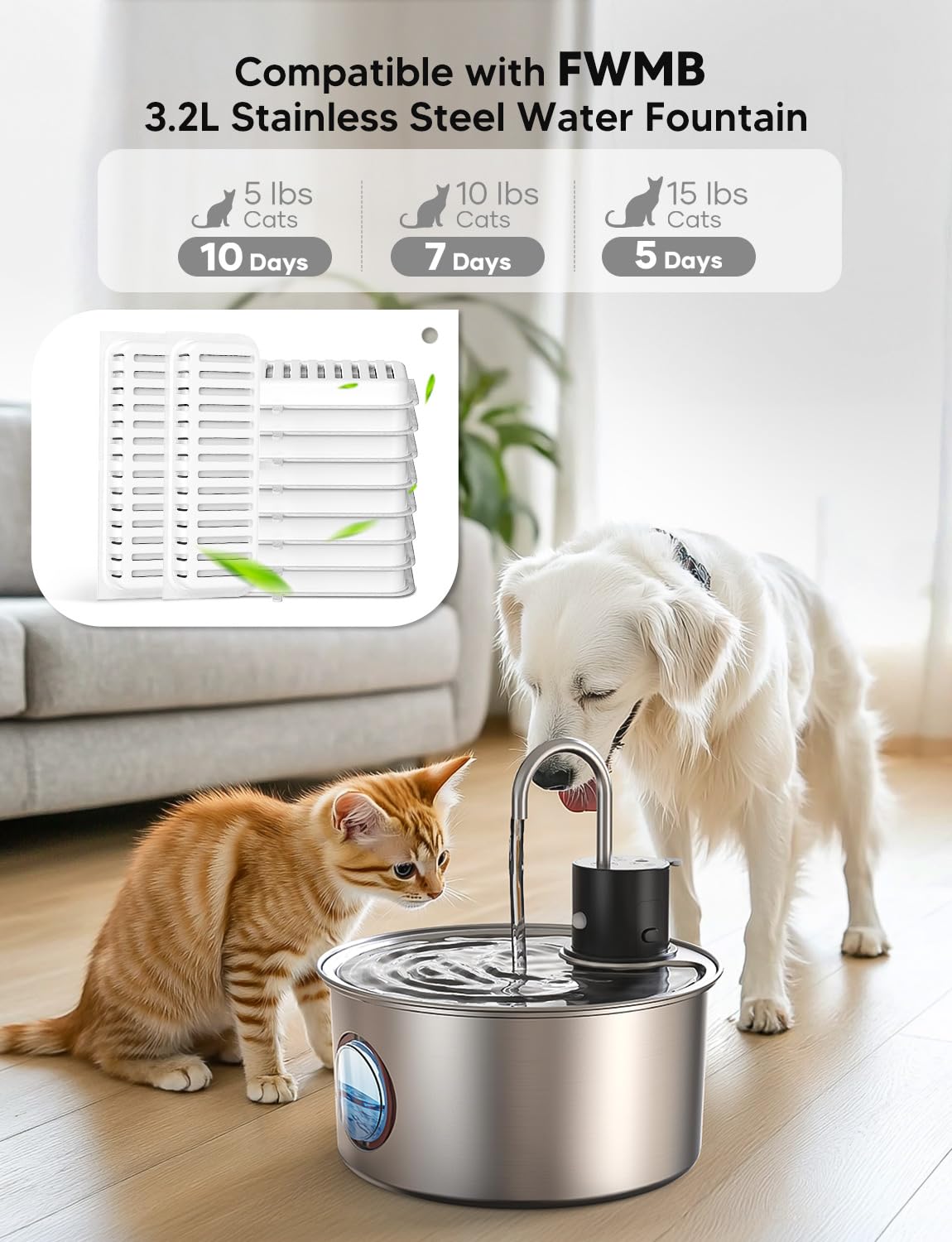 FWMB - Filtros de fuente de agua para gatos, filtros de repuesto para fuente de gato de 110 oz/3.2 l, 10 paquetes de filtros y 2 esponjas para fuente de agua de acero inoxidable para mascotas