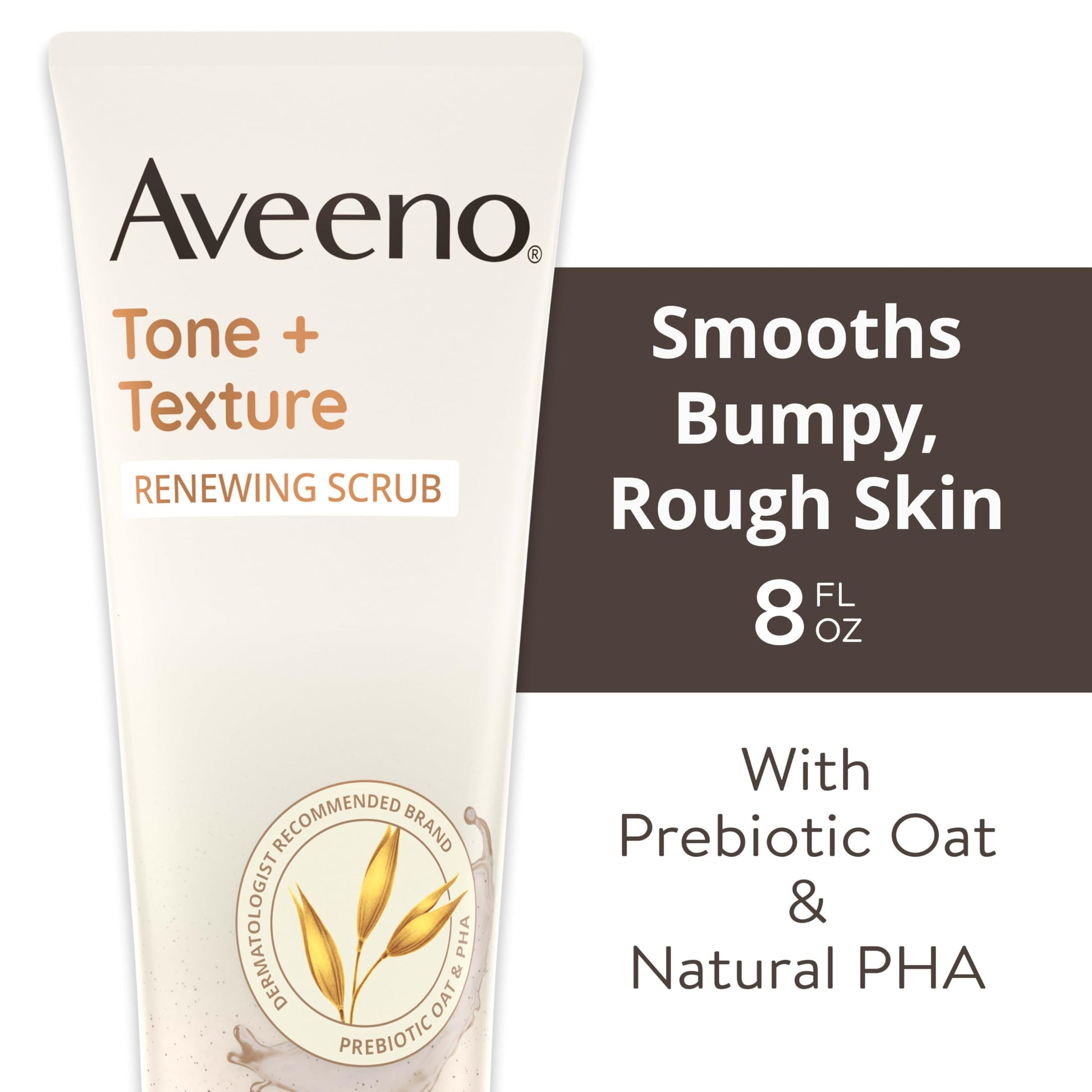 Aveeno Tone + Texture Renewing Body Scrub, Exfoliating Body Wash to Reveal Smoother Skin and a More Even Skin Tone, Prebiotic Oat Formula for Sensitive Skin, Fragrance-Free, 8 oz