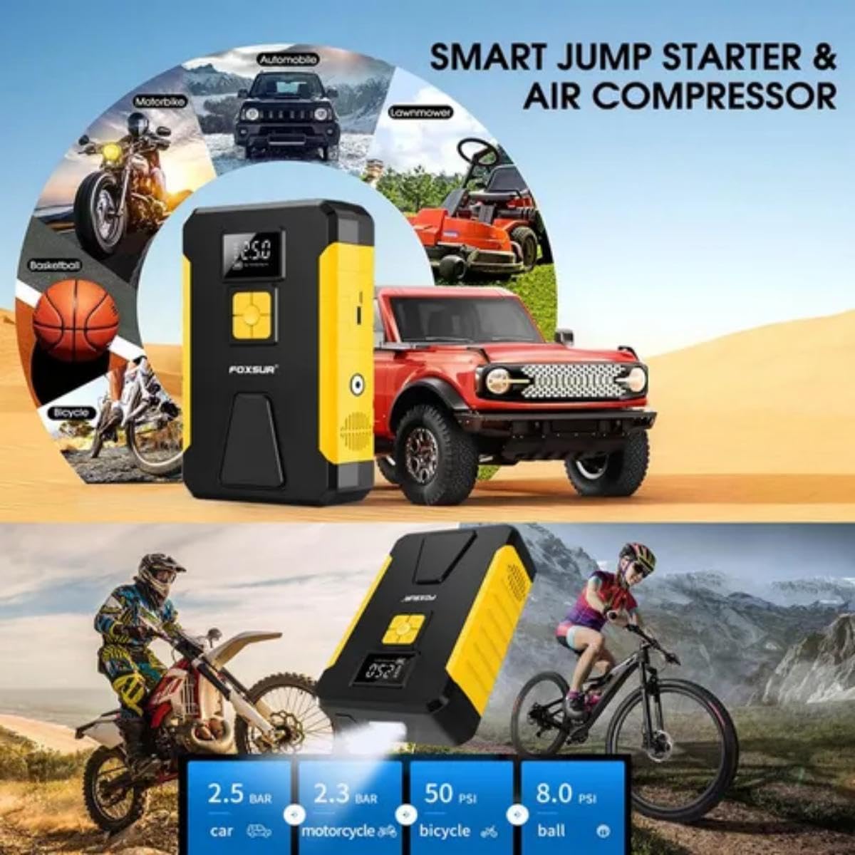 HSZSXJK 4000A 12V Arrancador de Batería de Coche con Compresor de Aire 150PSI, 29800mAh Arrancador Portátil de Batería, Apto para Motores de Gasolina y Diésel, con Pantalla 3,4 Pulgadas, luz LED