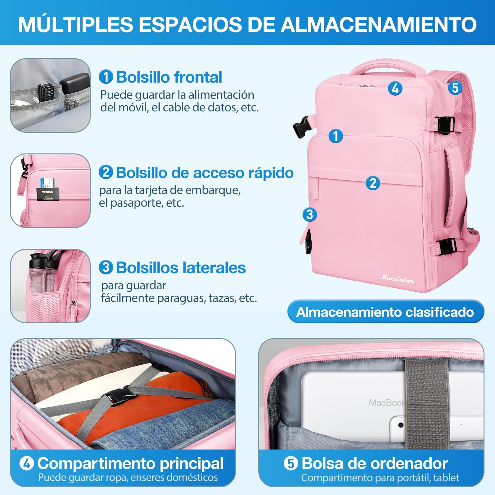 Mochila de Viaje Expandible Aéreo Impermeable Rosa para Laptop de Negocios para Hombres y Mujeres
