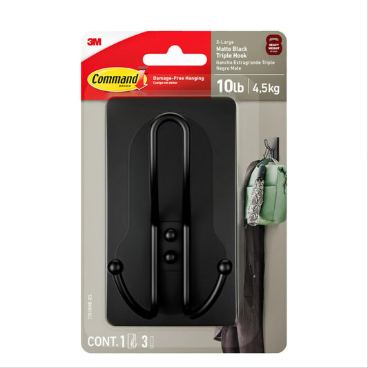 Command XL - Gancho Triple Negro Mate, 1 Gancho, 3 Tiras, Ganchos de Pared para Colgar sin daños con Tiras Adhesivas, Ganchos de Pared sin Herramientas para Colgar Decoraciones en Espacios Vivos