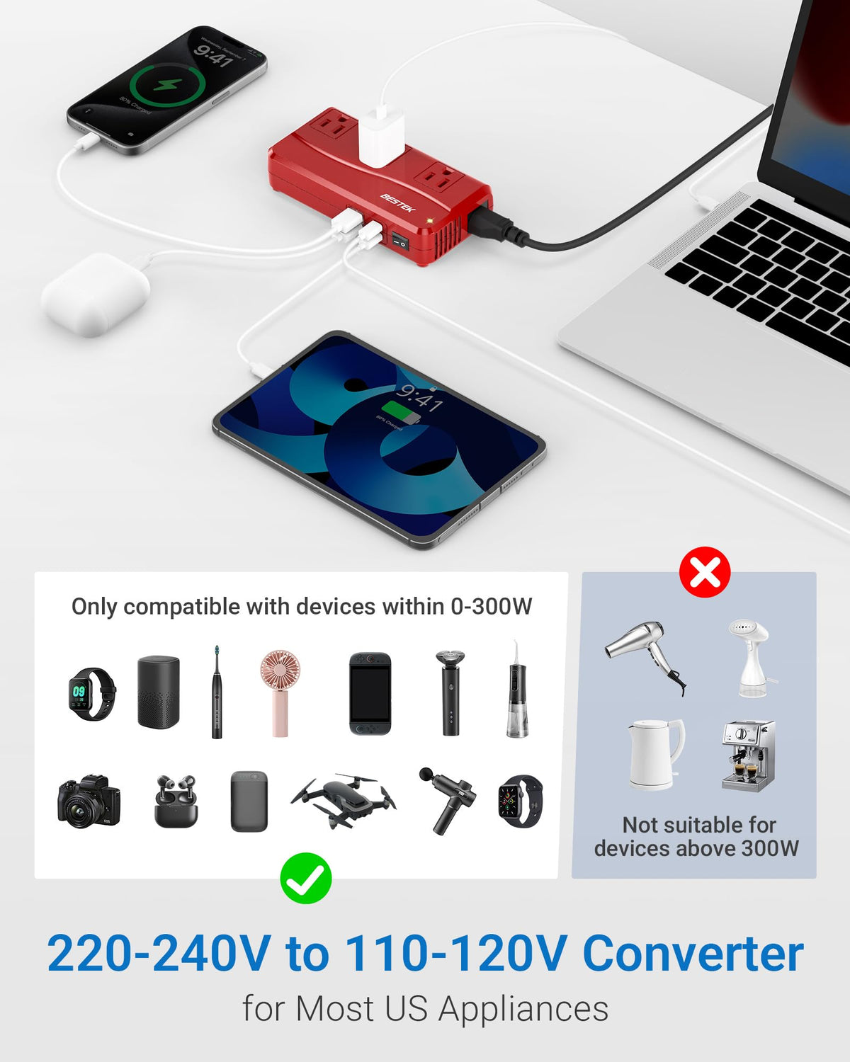 Adaptador de Corriente BESTEK Internacional Blanco con Convertidor de Voltaje y USB de 4 Puertos
