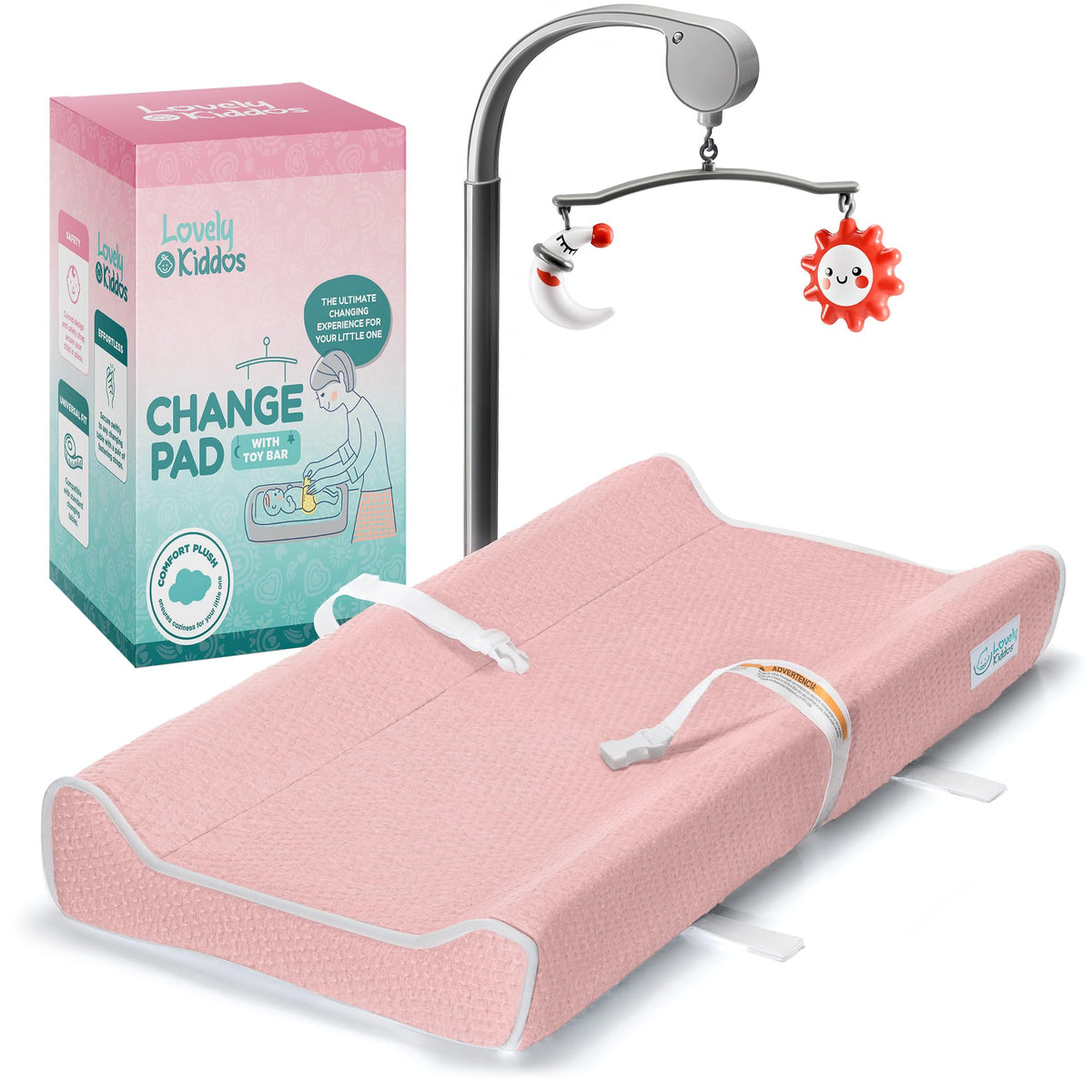 Cambiador – Cambiador de espuma contorneado para bebé para cambiador, cambiador de pañales impermeable, incluye funda antideslizante, suave, extraíble y lavable, barra de juguete portátil con modo