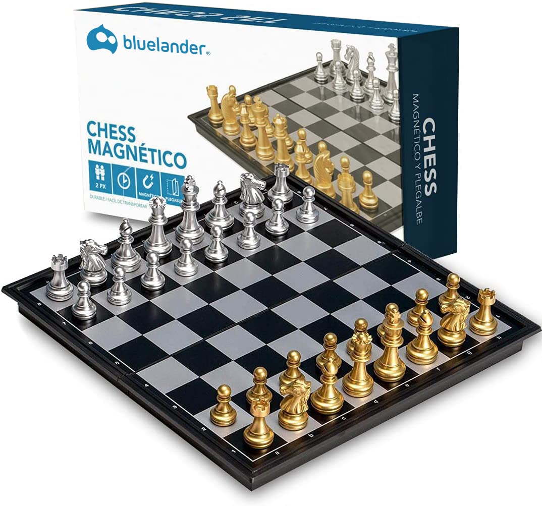 Bluelander Ajedrez Profesional, Magnético, Tablero Plegable, Diseño Clásico de Lujo, Portátil 25cm x 25cm Abierto (25cm x 12.5cm Cerrado), Juego de Mesa Portátil y Educativo (Dorado y Plateado)