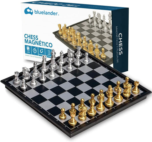 Bluelander Ajedrez Profesional, Magnético, Tablero Plegable, Diseño Clásico de Lujo, Portátil 25cm x 25cm Abierto (25cm x 12.5cm Cerrado), Juego de Mesa Portátil y Educativo (Dorado y Plateado)