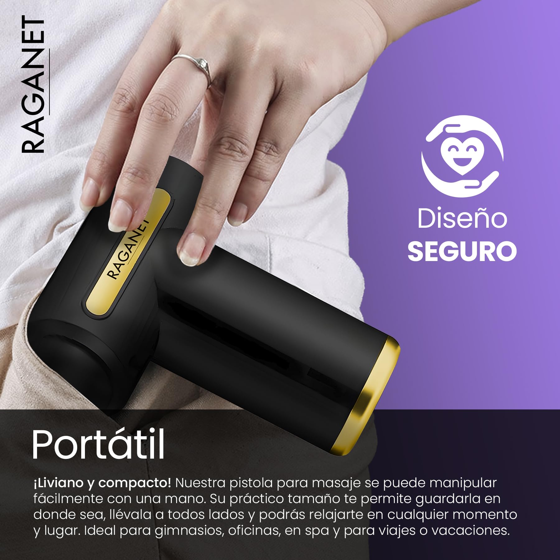 Raganet, Pistola Masajeadora con 4 Cabezas, Maquina Masajeadora de 6 Velocidades, Masaje Profesional Para Musculos, Ligamentos y Tejidos, Pistola Portatil, Carga USB (Color Negro)