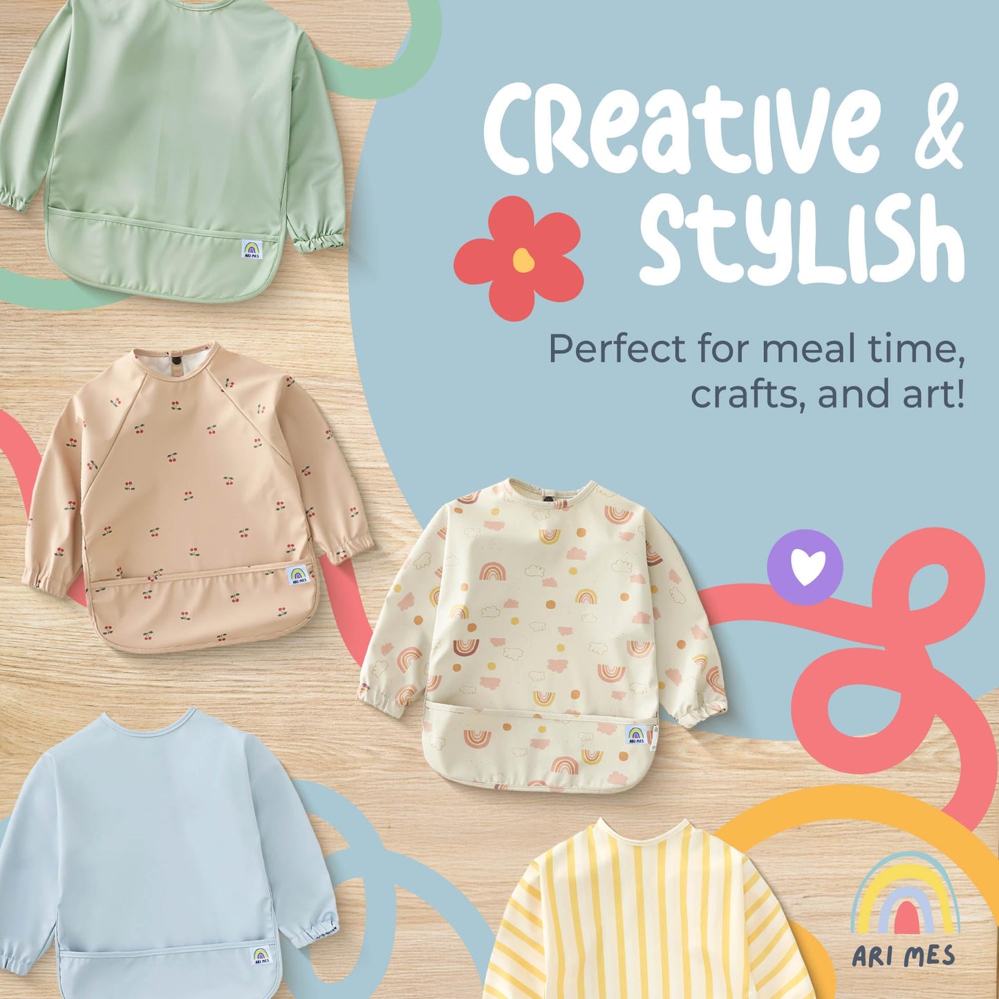 ARI MES - Babero de manga larga impermeable para bebé, traje de babero de manga completa para bebé niño o niña, tamaño mediano, arco iris