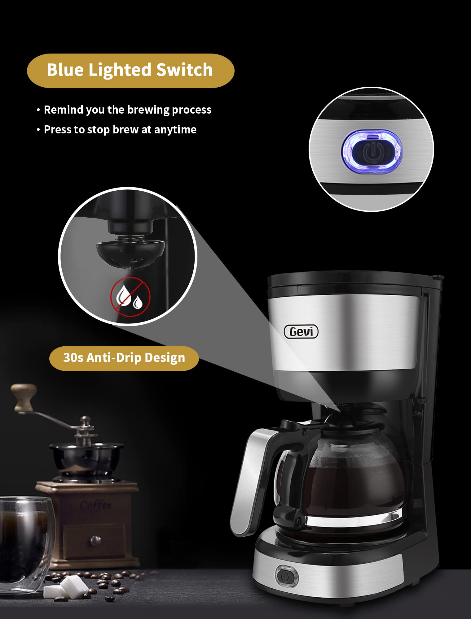 Gevi - Cafetera de 4 tazas con apagado automático, cafetera pequeña con goteo súper automática, cafetera compacta con filtro de cono, jarra de vidrio y placa caliente