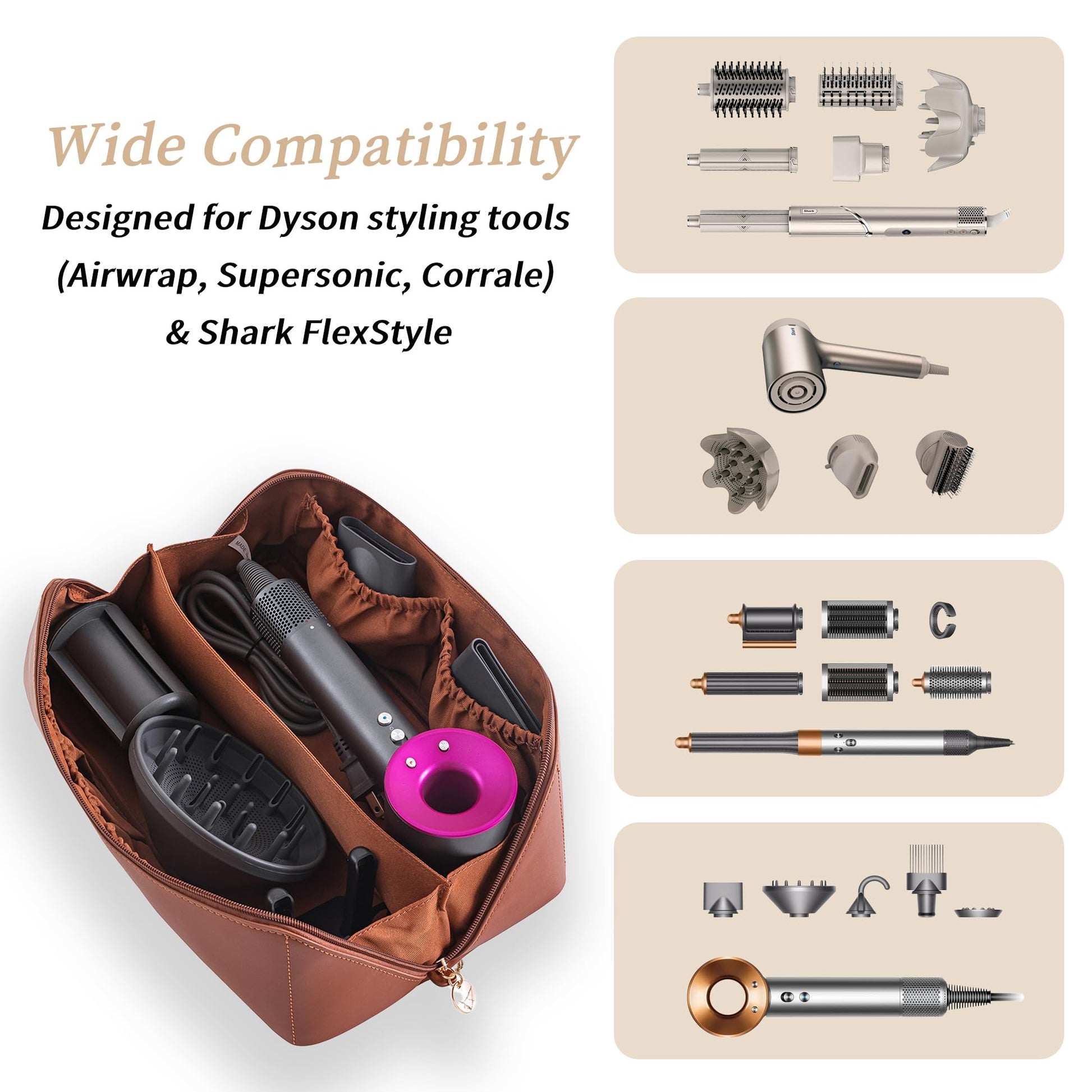 Linpr Estuche de Viaje Compatible con Dyson Airwrap Styler, Bolsa de Almacenamiento de Viaje Portátil para Secador de pelo, Estuche Organizador Impermeable para Shark Flexstyle (Marrón)