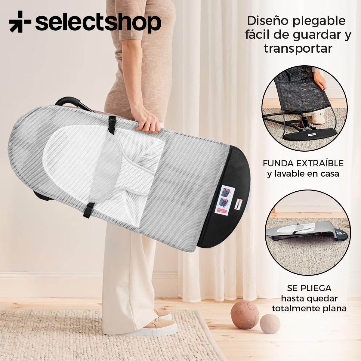 Silla Mecedora SELECTSHOP Gris Portátil de Lujo Asiento Transpirable y Cómodo Para Bebé