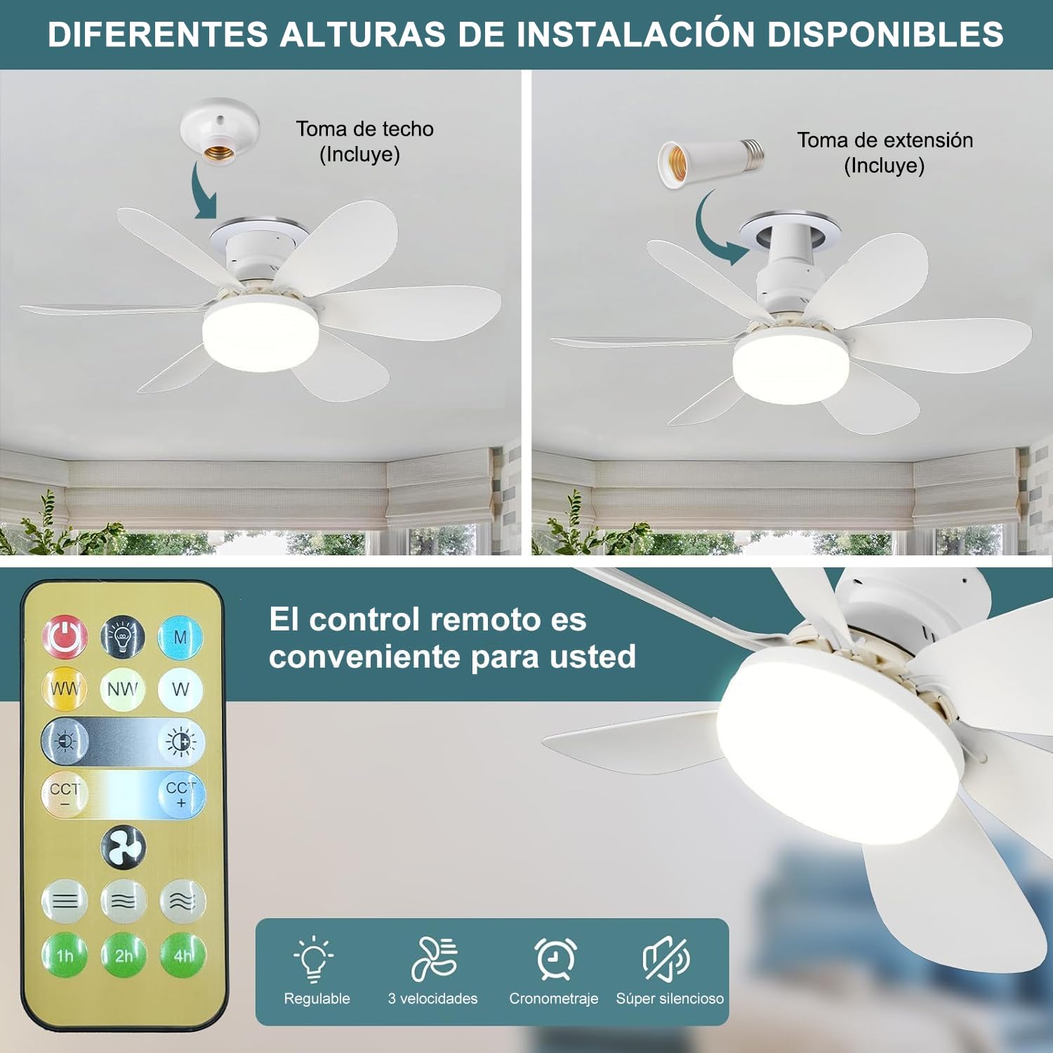 Ventilador de techo con luz y control remoto, 40W E26/E27 ventilador con luz led de techo, ventilux de techo moderno inteligente, 3000K-6500K/luminosidad regulable y 3 velocidades (20,5 pulgadas)