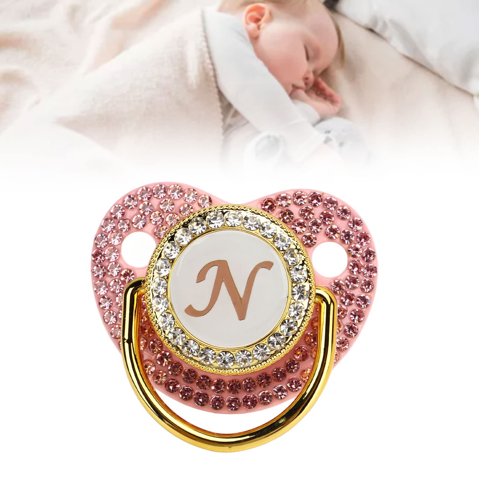 Chupete de Silicona Sorandy Dorado Curvo con Clip de Letras y Diamantes de Imitación para Bebé