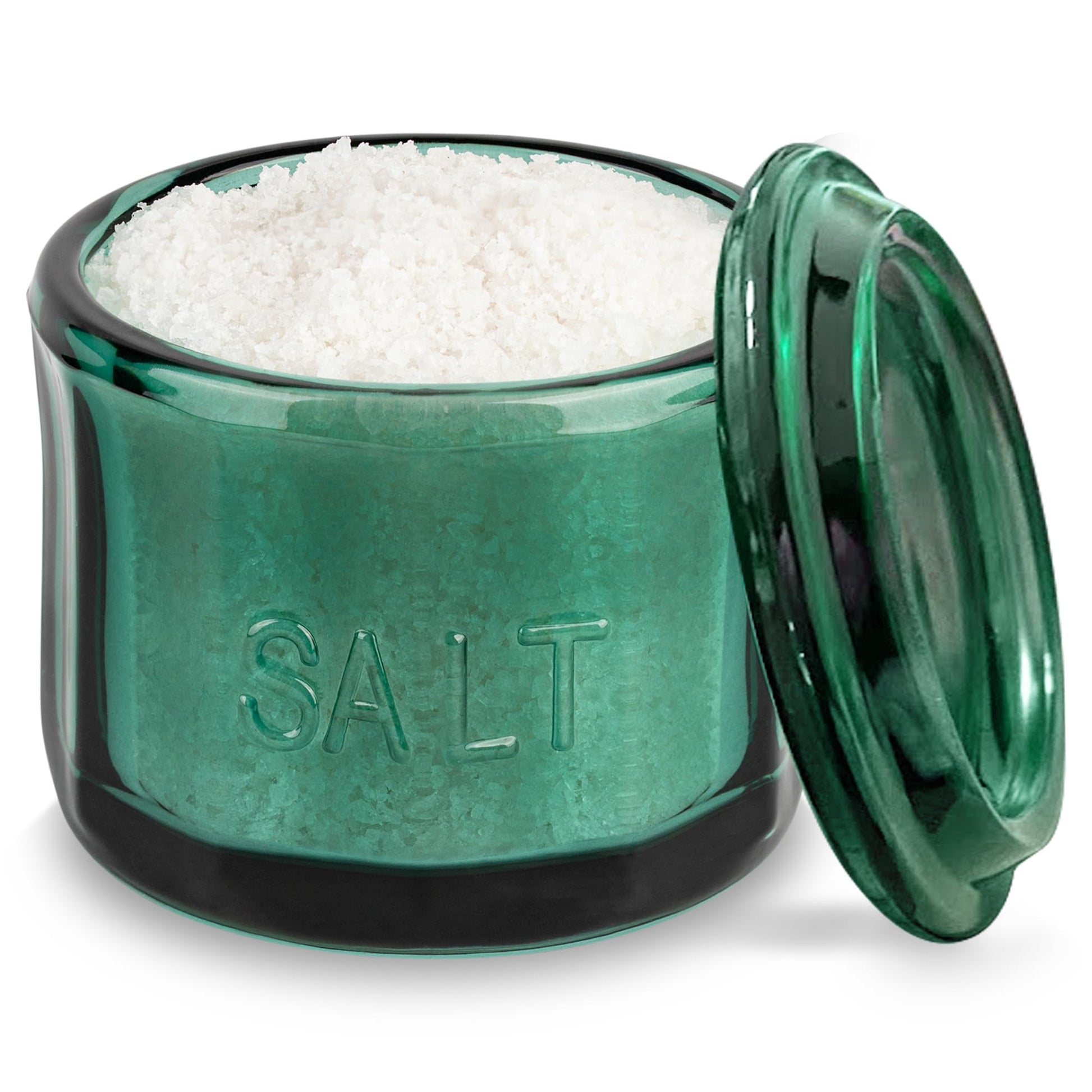 KooK Salero de vidrio con tapa, vidrio prensado en relieve, recipiente de almacenamiento transparente, para café, azúcar, especias y dulces, 296 ml (color verde esmeralda)