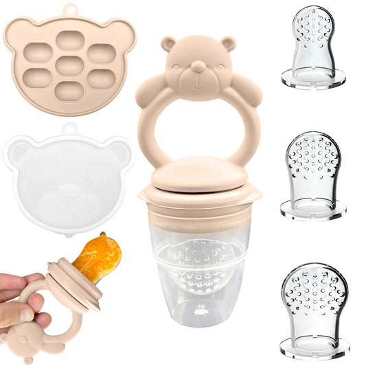 EHRHDKNS Bandeja Congeladora de Alimentos para Bebés Sin BPA, Adecuado para la Introducción Segura de Alimentos, Fruta y Papillas a Partir de los 4 Meses, Fortalece los Dientes del Bebé y le Ayuda a Comer Sano (Beige, Oso)