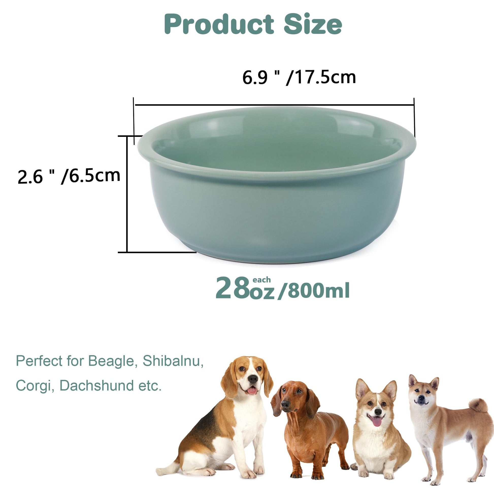 Cuencos de cerámica para perros, platos antideslizantes para perros y gatos pequeños, medianos y pequeños, cuencos de porcelana duradera para perros y agua (28 onzas, verde claro)