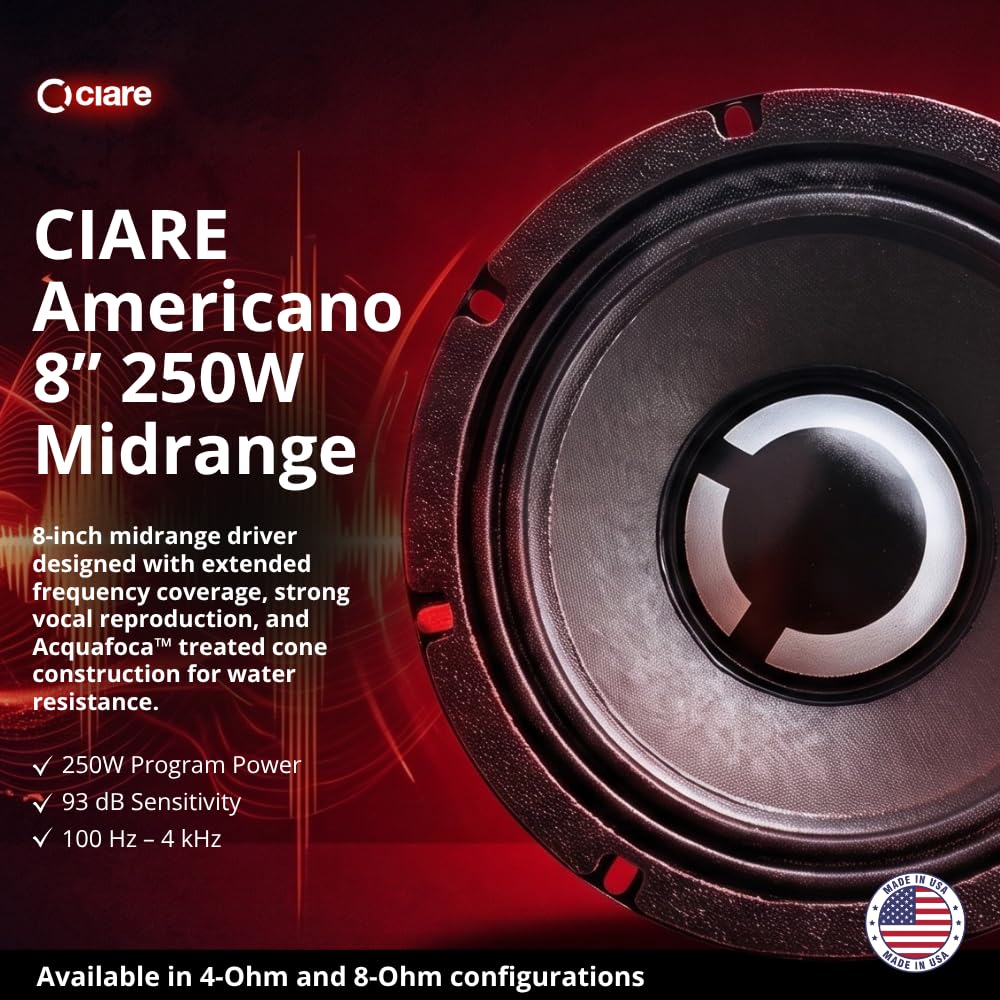 Ciare Americano 8A250M-4, altavoz de rango medio de 8 pulgadas, 4 ohmios, driver de audio de coche de 250 W, bobina de voz de cobre de 1.5 pulgadas, refrigeración del motor ventilado, cono resistente