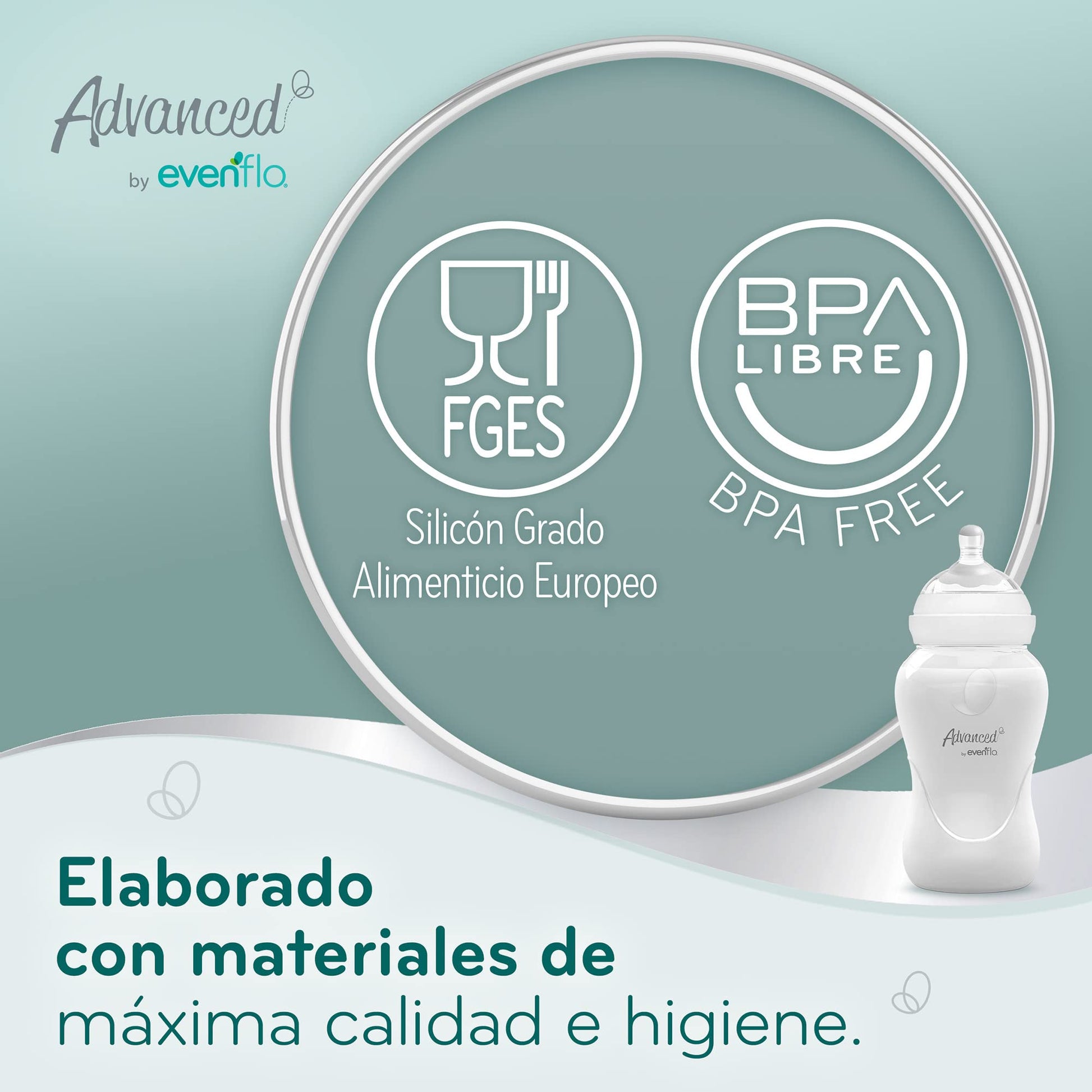 Advanced by Evenflo, Biberón Anticólicos Cuello Ancho, Transparente, Flujo Lento, 5oz/150ml, 1 pieza, MEX.