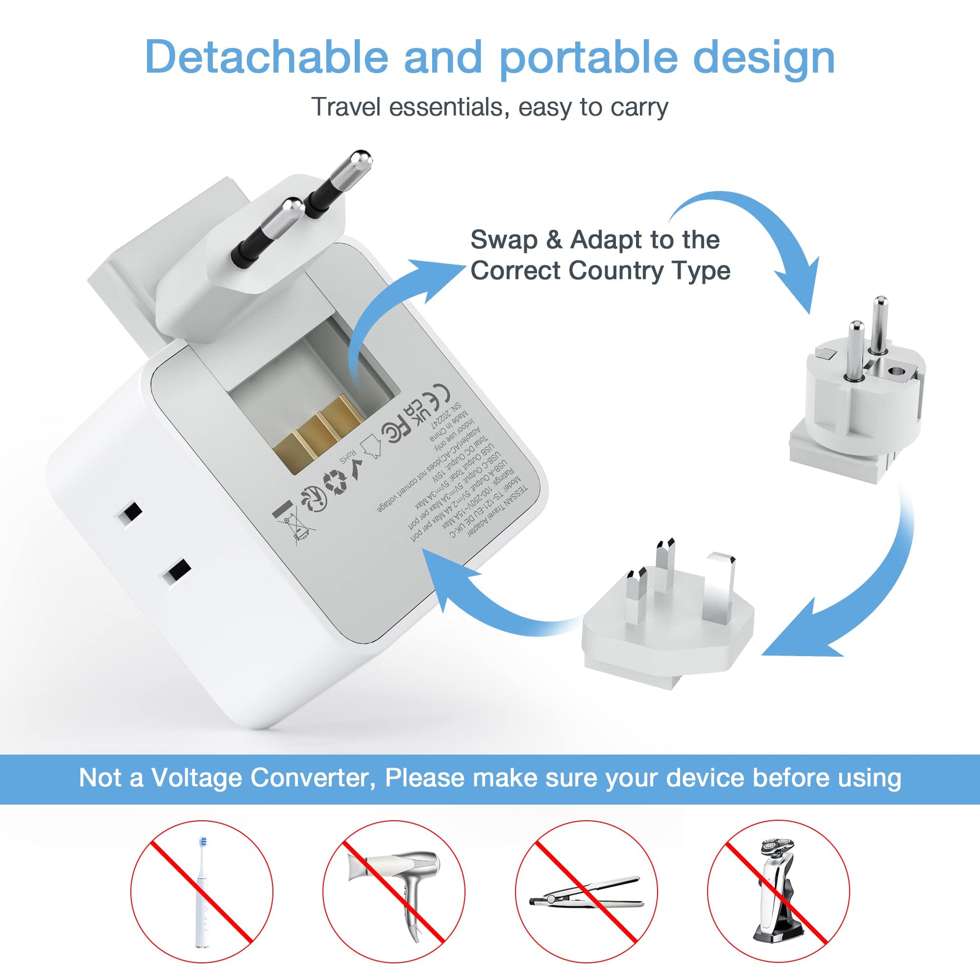 Adaptador de Viaje TESSAN Europeo Blanco con 3 Salidas CA y 3 Puertos USB para Europa
