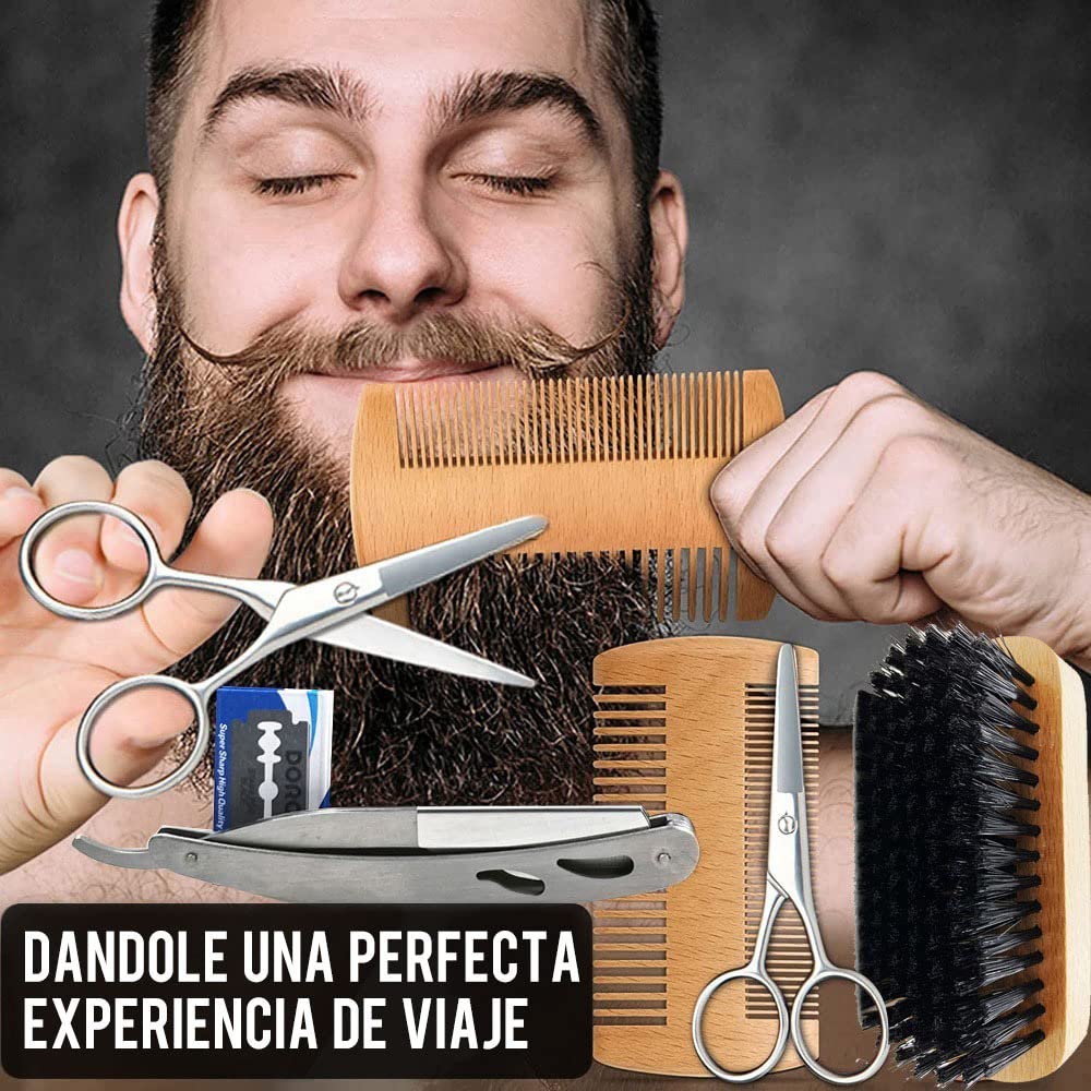 Kit Completo de Cuidado para Barba: Rodillo, Champú, Peine, Cepillo, Aceite, Bálsamo, Tijeras - Regalo Ideal para Hombres - Azul - 14 en 1