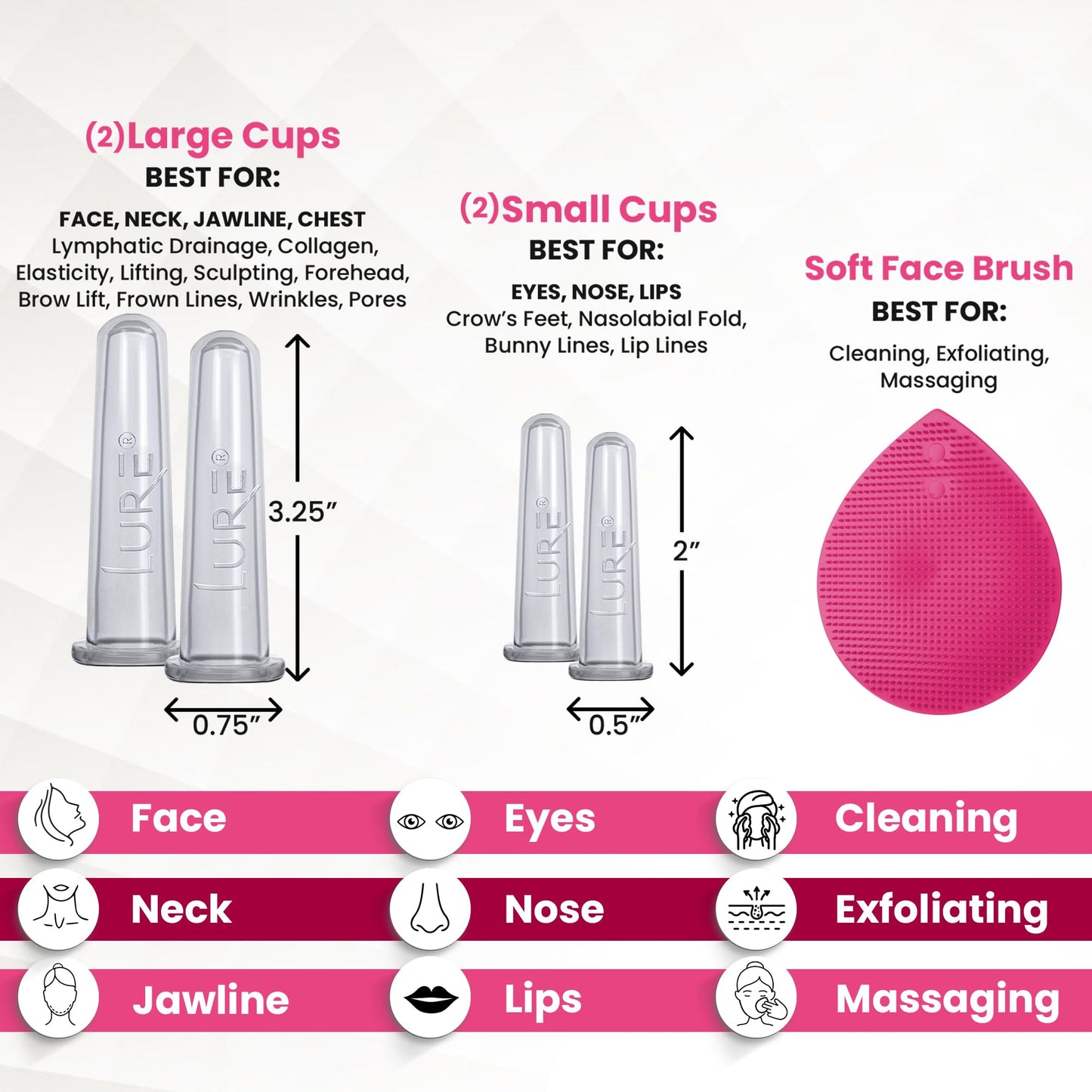 LURE Home Spa Glam Face and Eye Cupping Massage Set with Free Cleansing Brush for Instantly Ageless Look Natural Anti Aging Solution Reduces Fine Lines & Deep Wrinkles, Improves Collagen