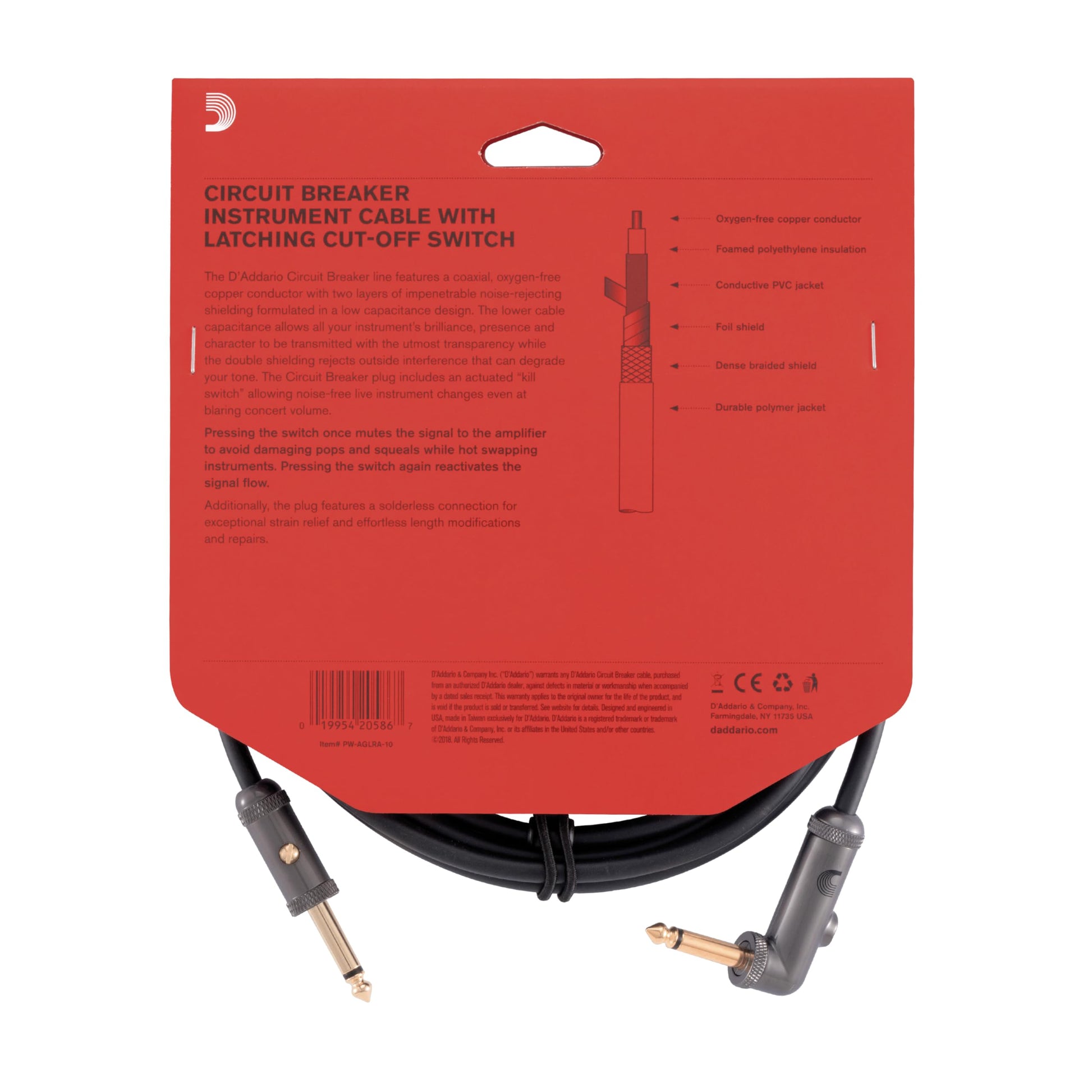 D'Addario Guitar Cable - Guitar Lead - Circuit Breaker Cable - Latching Cut-Off Switch to Mute When Changing Instrument - 10 Feet/3.05 Meters - Straight Ends/Right Angle - 1 Pack