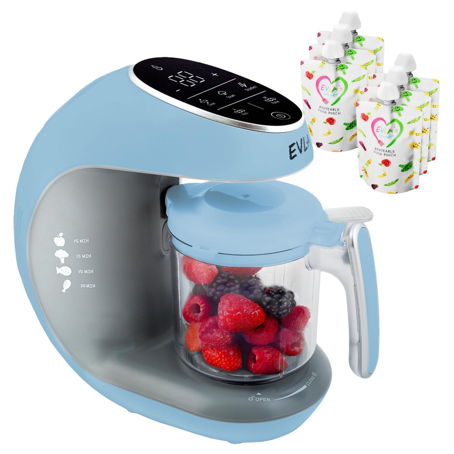 EVLA'S - Máquina para hacer alimentos para bebés, vaporizador, licuadora, procesador de alimentos para bebés para alimentos saludables caseros en minutos, visualización táctil con 6 bolsas de
