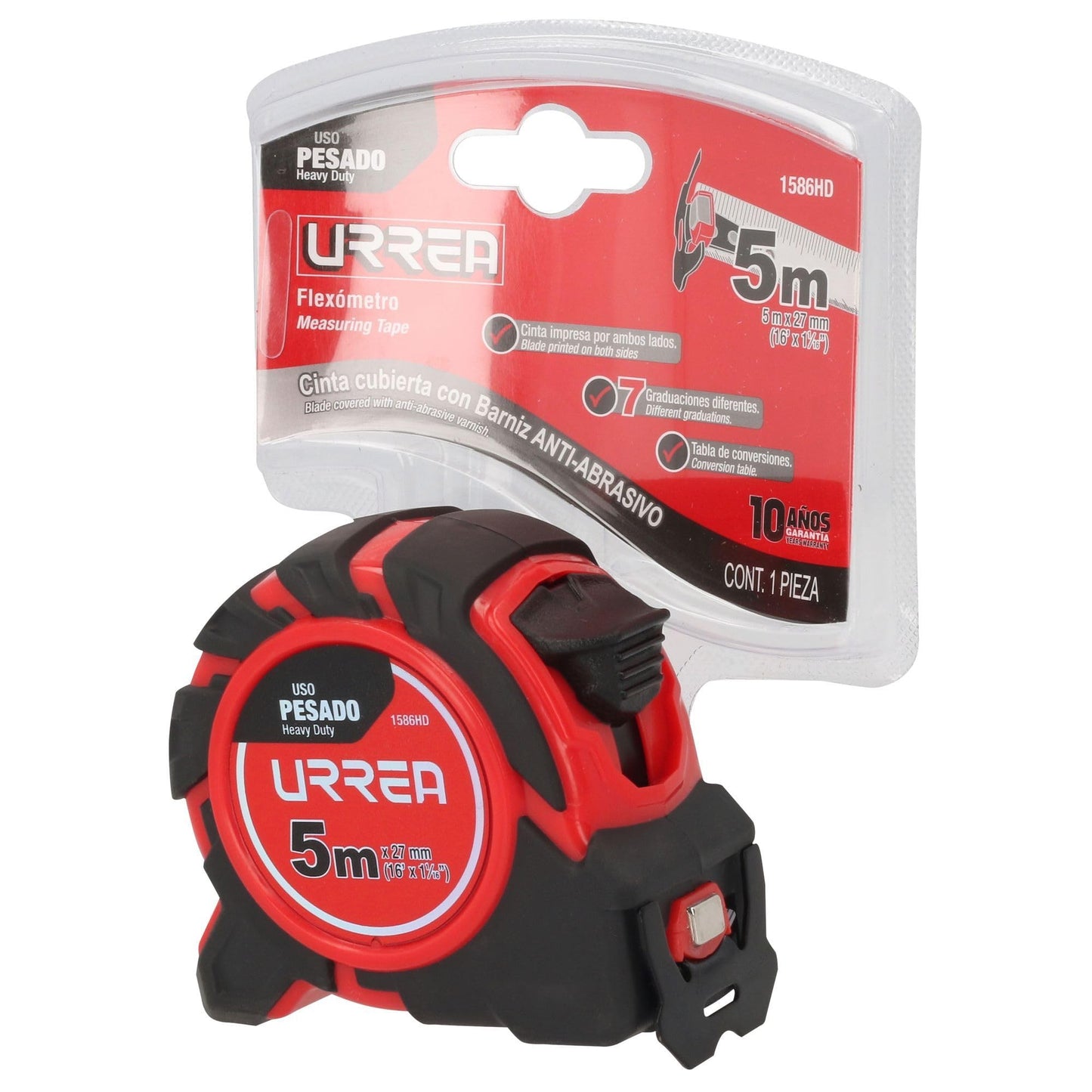 Flexómetro Urrea Rojo Heavy Duty con Hoja de Acero y Carátula de ABS y TPR