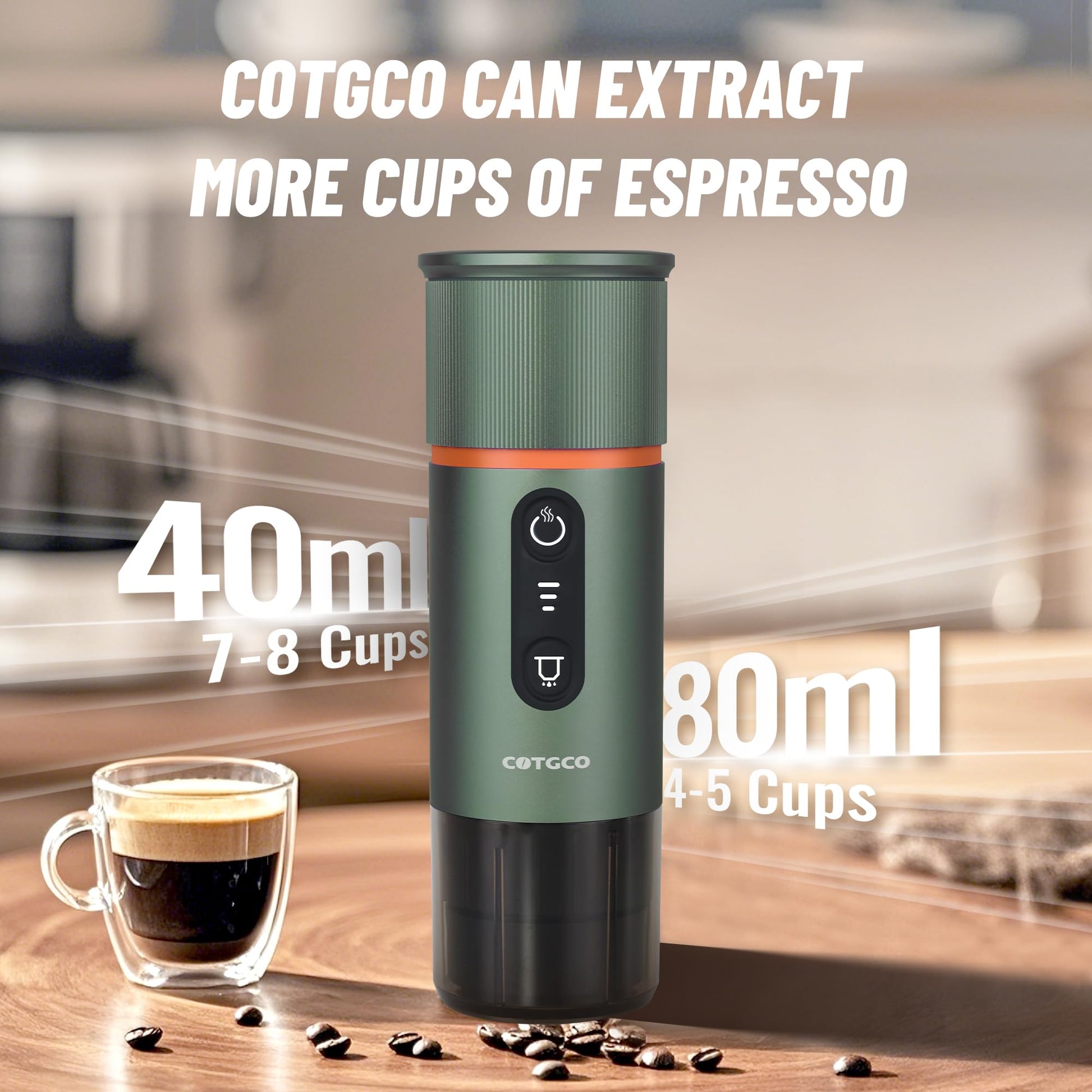 COTGCO - Cafetera portátil para viajes: cafetera portátil, autocalentamiento, haz 8 tazas de café de una carga, café en cualquier momento - Compatible con cápsulas Nespresso - Verde