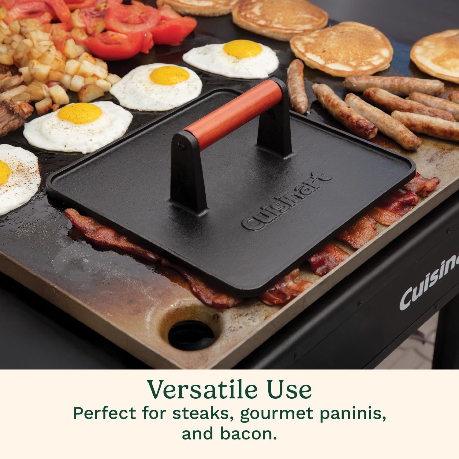 Cuisinart - Prensa para Parrilla de Hierro Fundido, 10 x 10 Pulgadas, Resistente Antiadherente para Hamburguesas con Mango de Madera, Accesorio Perfecto para Parrilla, paninis y barbacoas