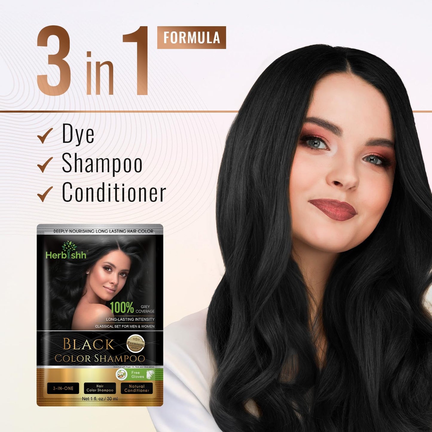 Herbishh Hair Color Shampoo for Gray Hair– Hair Dye Shampoo with Argan Hair Mask–Tamaño de viaje-Tiñe el cabello en minutos–Color de larga duración–10pack+1pack (Black)