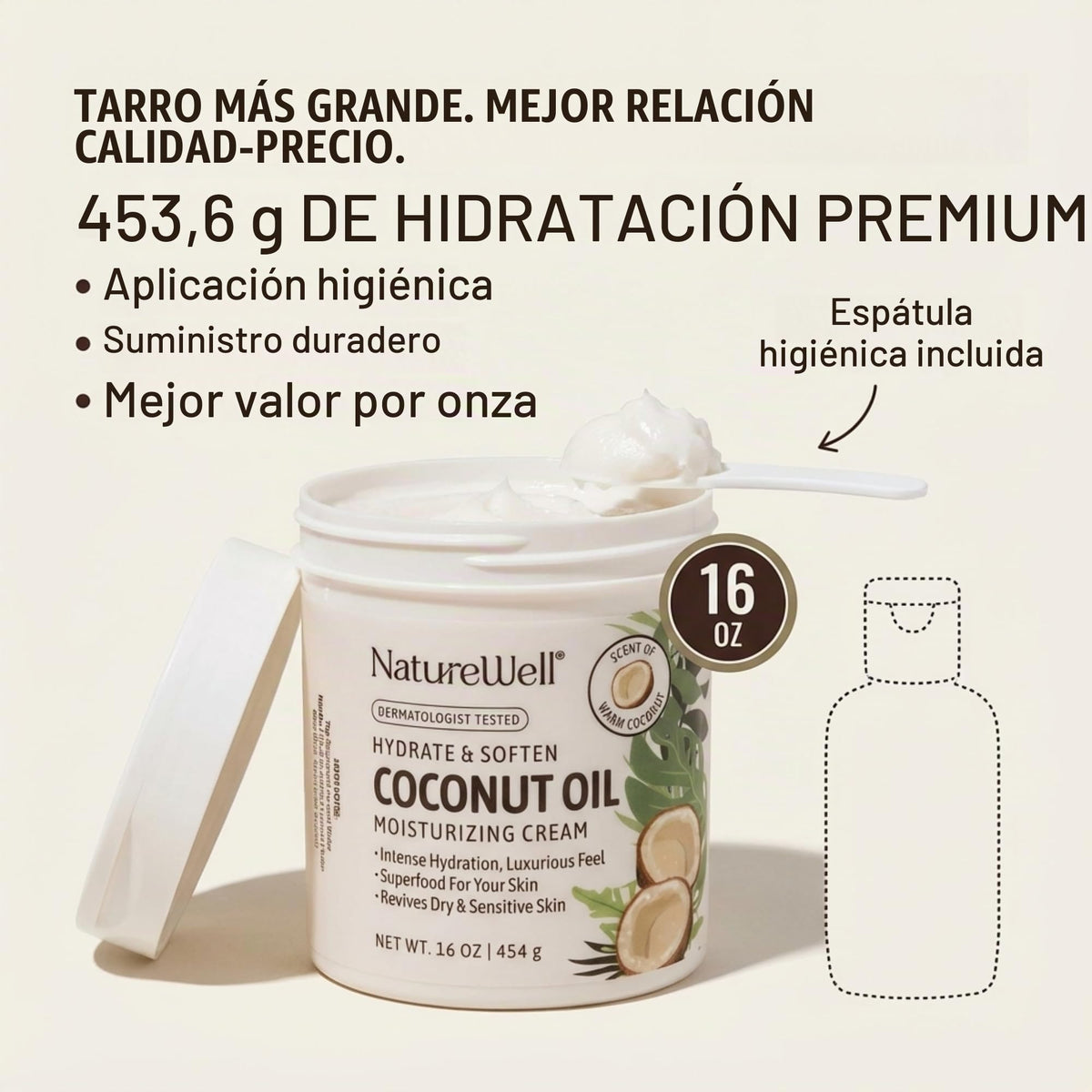 NatureWell Crema Humectante de Aceite de Coco Extra Virgen, 453.6 gr / 16 oz