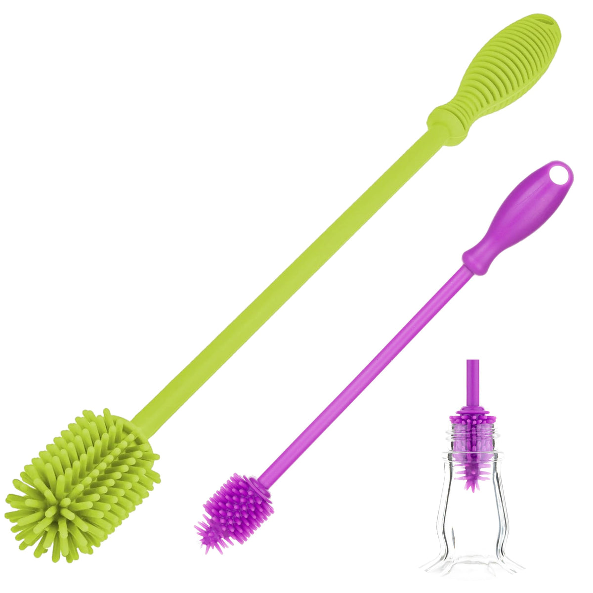 A-Brush - cepillo para polvo limpiador de botellas de silicona, juego de 2 piezas, flexible, mango largo, limpiador de botellas de agua, cepillo para polvo para pezones de biberón para plástico y