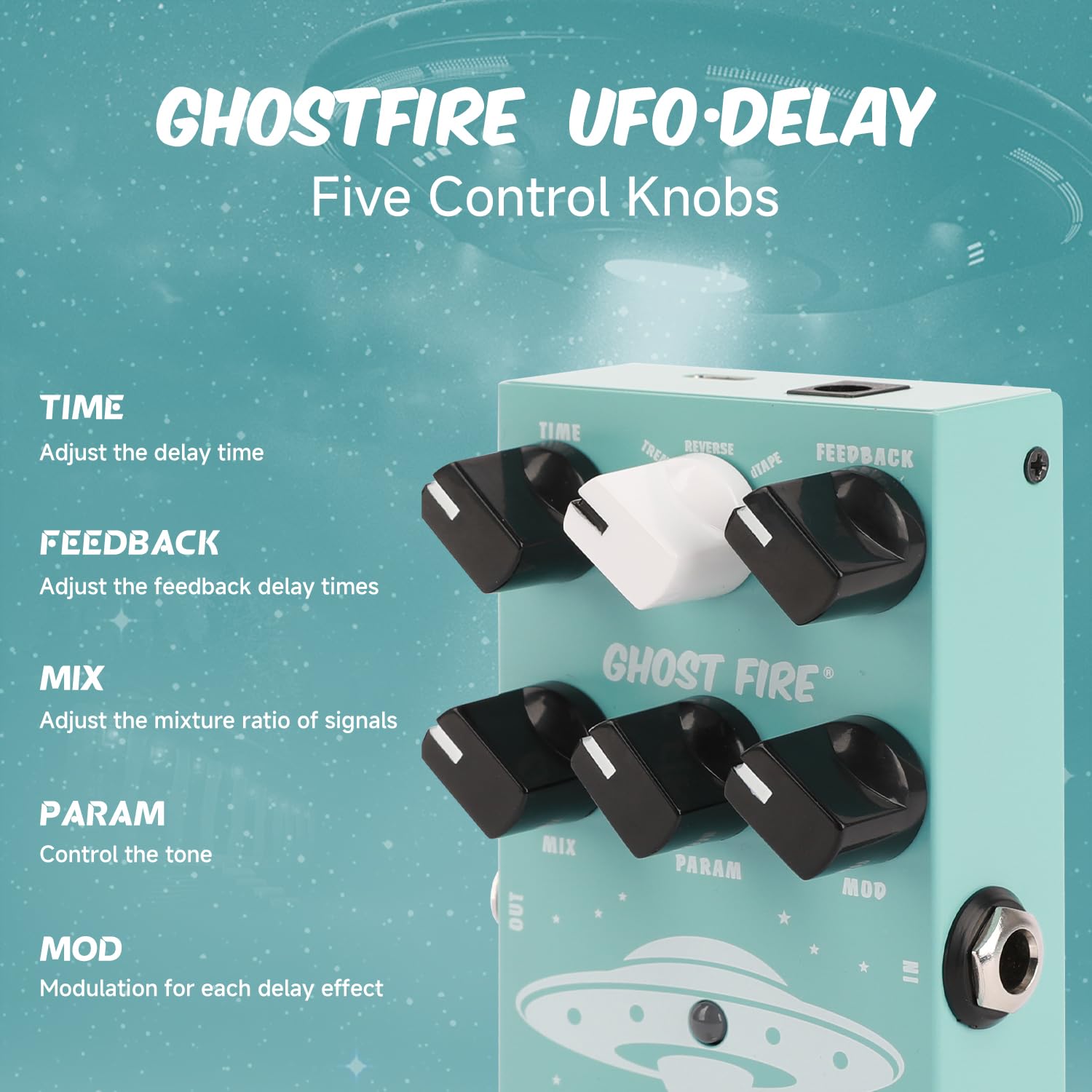 GHOSTFIRE Pedal de retardo de guitarra para tableros de pedales, 9 efectos de retardo diferentes para guitarra eléctrica, bajo, cinta, bypass verdadero (retardo OVNI)